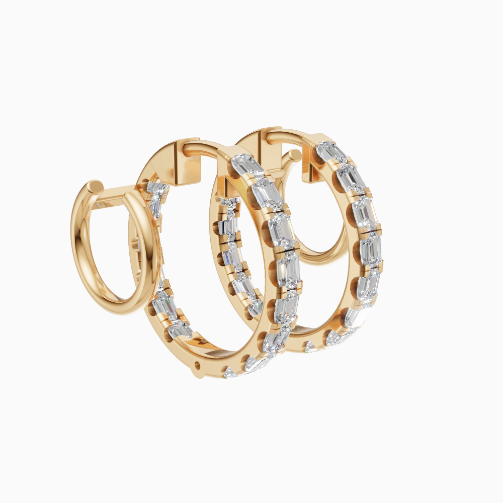 Meena inside out emerald cut diamond huggie earrings in yellow gold — earth and grown diamonds by Amber Arc – view 2