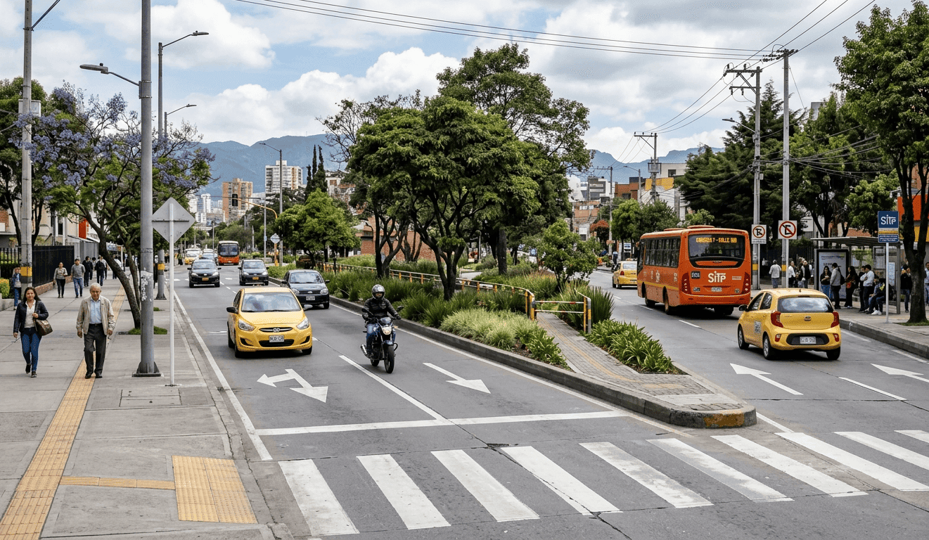 Perspectiva urbana nocturna con iluminación de andenes y distribución funcional de mobiliario