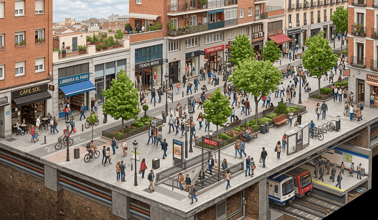 Sección de andén en zona comercial y turística con alta densidad peatonal y mobiliario integrado
