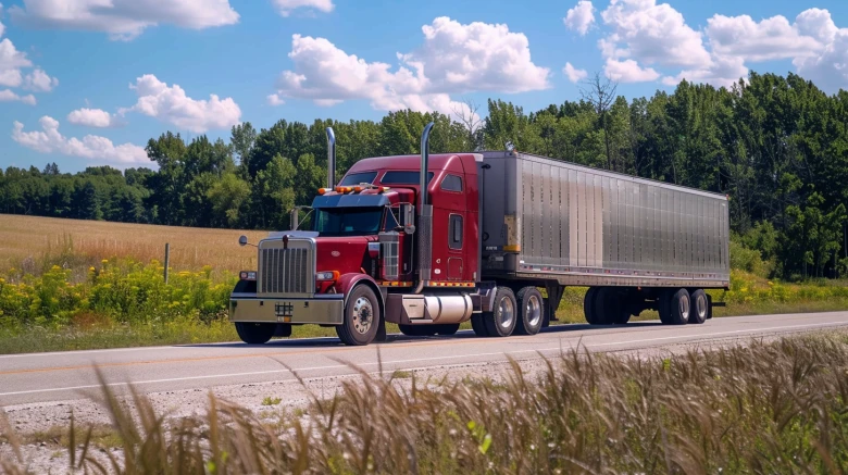 A red semi truck on the road for sale at Sharerig.