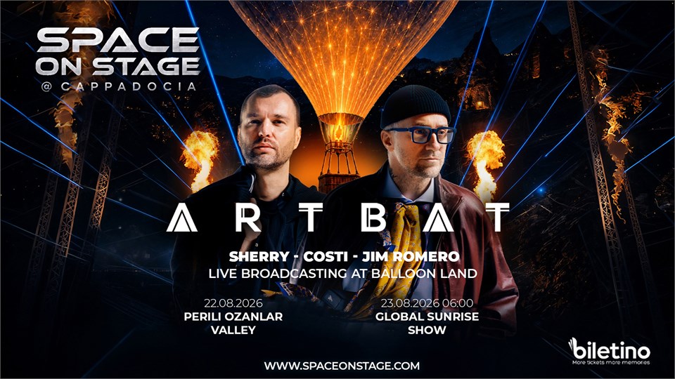 ARTBAT Space On Stage electronic music and sunrise balloon experience in Cappadocia with drones, mapping shows and Space Rocket hot air balloon.