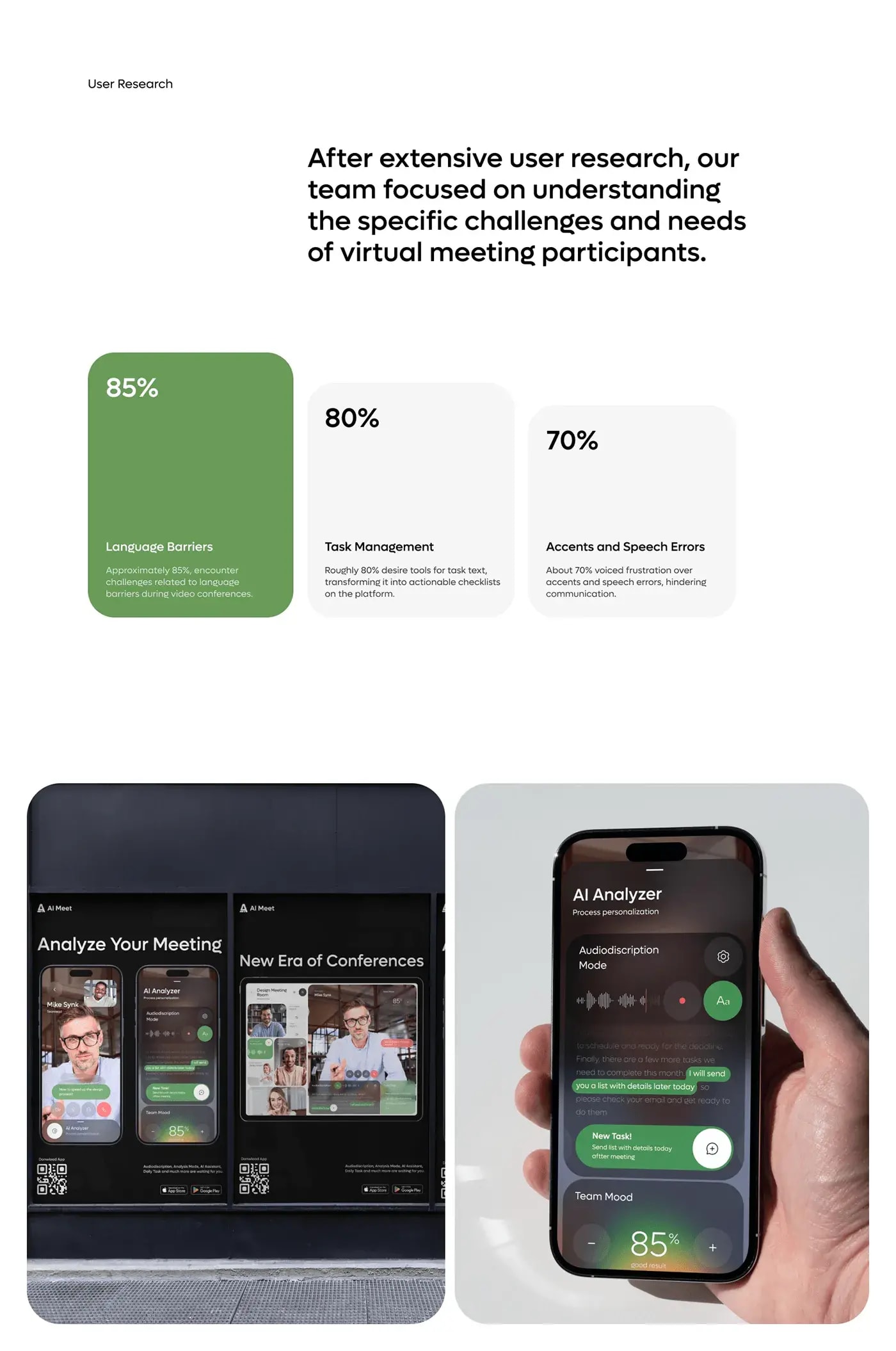 Screenshot of the AI meeting app's mobile UI/UX design on a phone.
