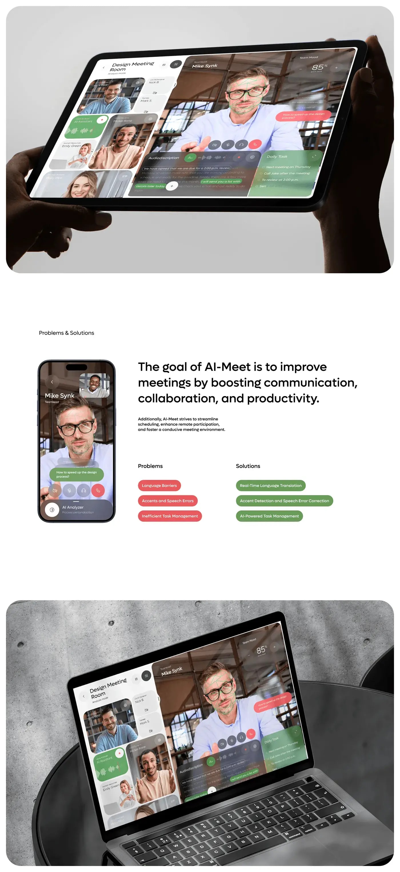 People working on the UI design for an AI meeting app dashboard displayed on a tablet or laptop.
