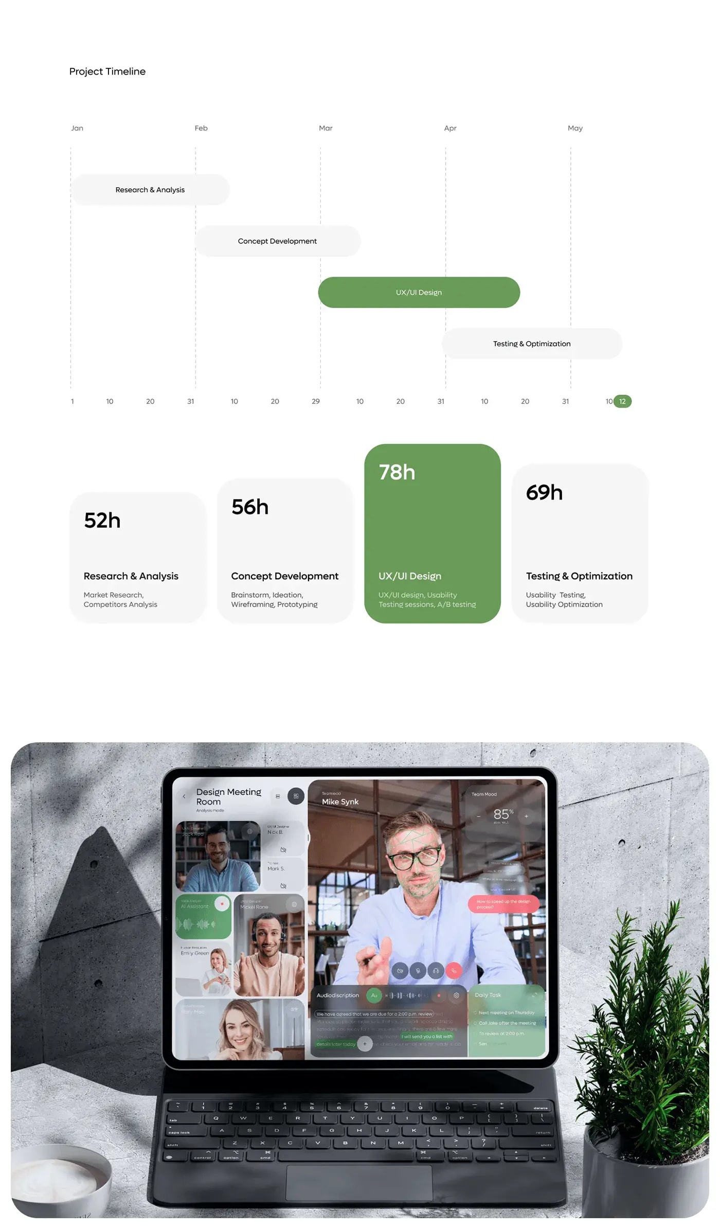 Person viewing UX/UI design for the AI meeting app's dashboard and mobile interface on a laptop.