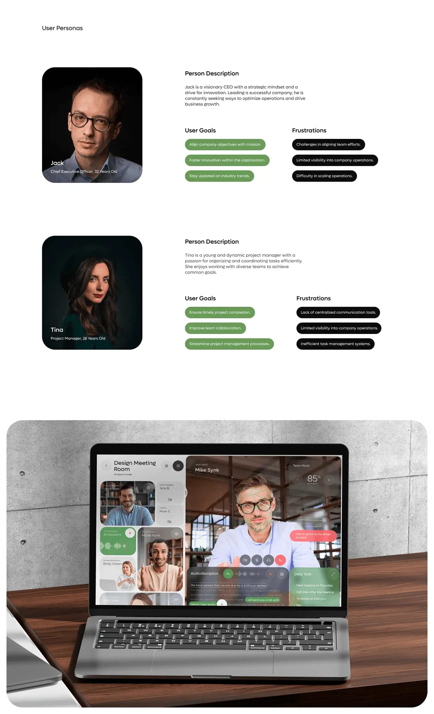 UI design screens of an AI meet app dashboard and mobile interfaces used on devices.