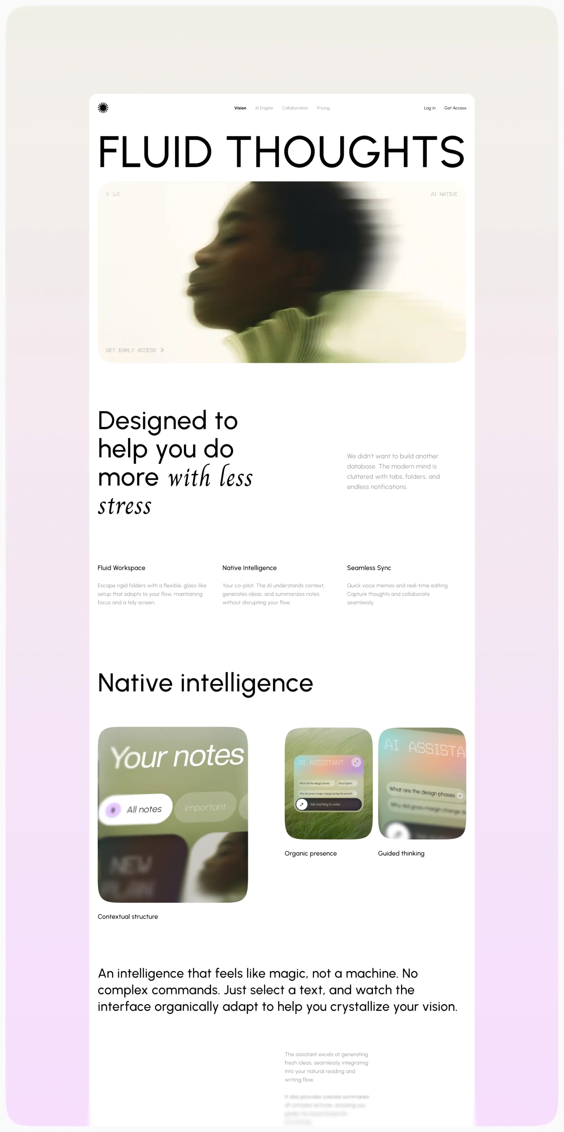 My Notes landing page design — Fluid Thoughts hero and feature pillars