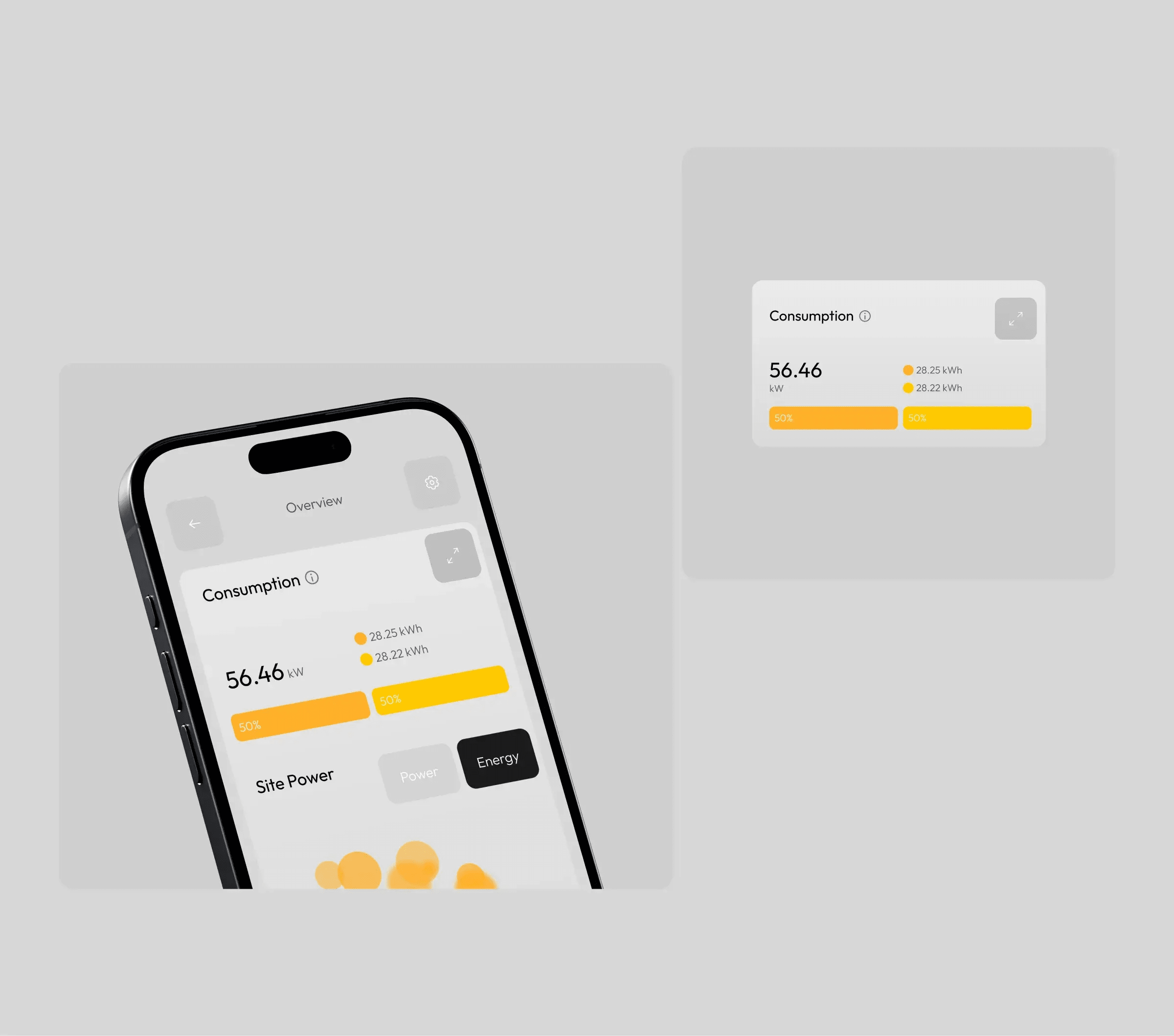 EcoSolar renewable energy SaaS mobile app UI design on an iPhone displaying consumption data.