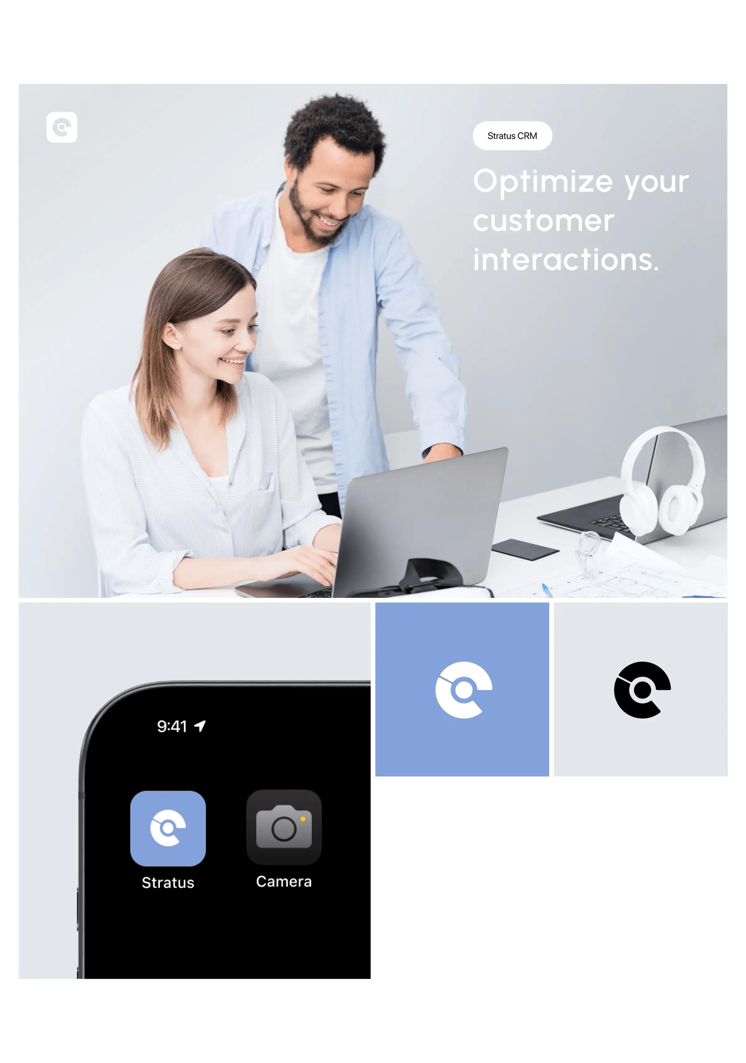 Mobile phone displaying Stratus CRM app interface and text 'Optimize your customer interactions'.