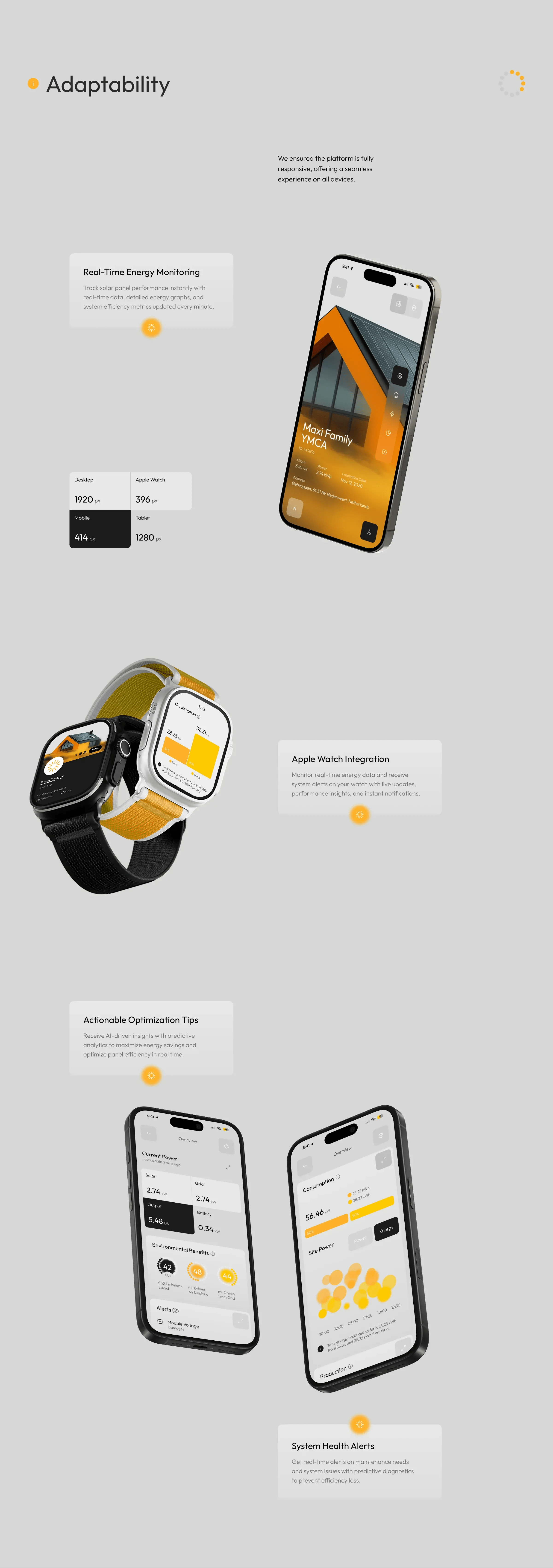 Screenshot of the EcoSolar renewable energy SaaS mobile interface.