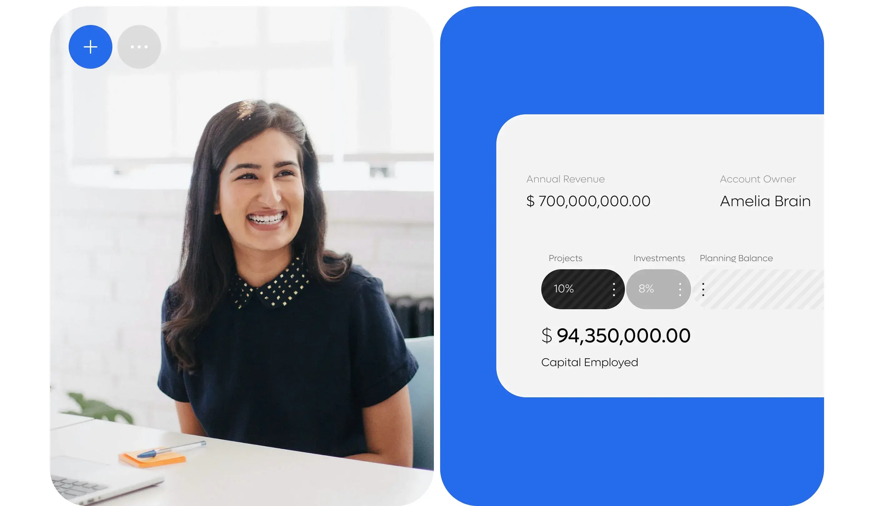Screenshot of business software dashboard showing $700M annual revenue and account project details.