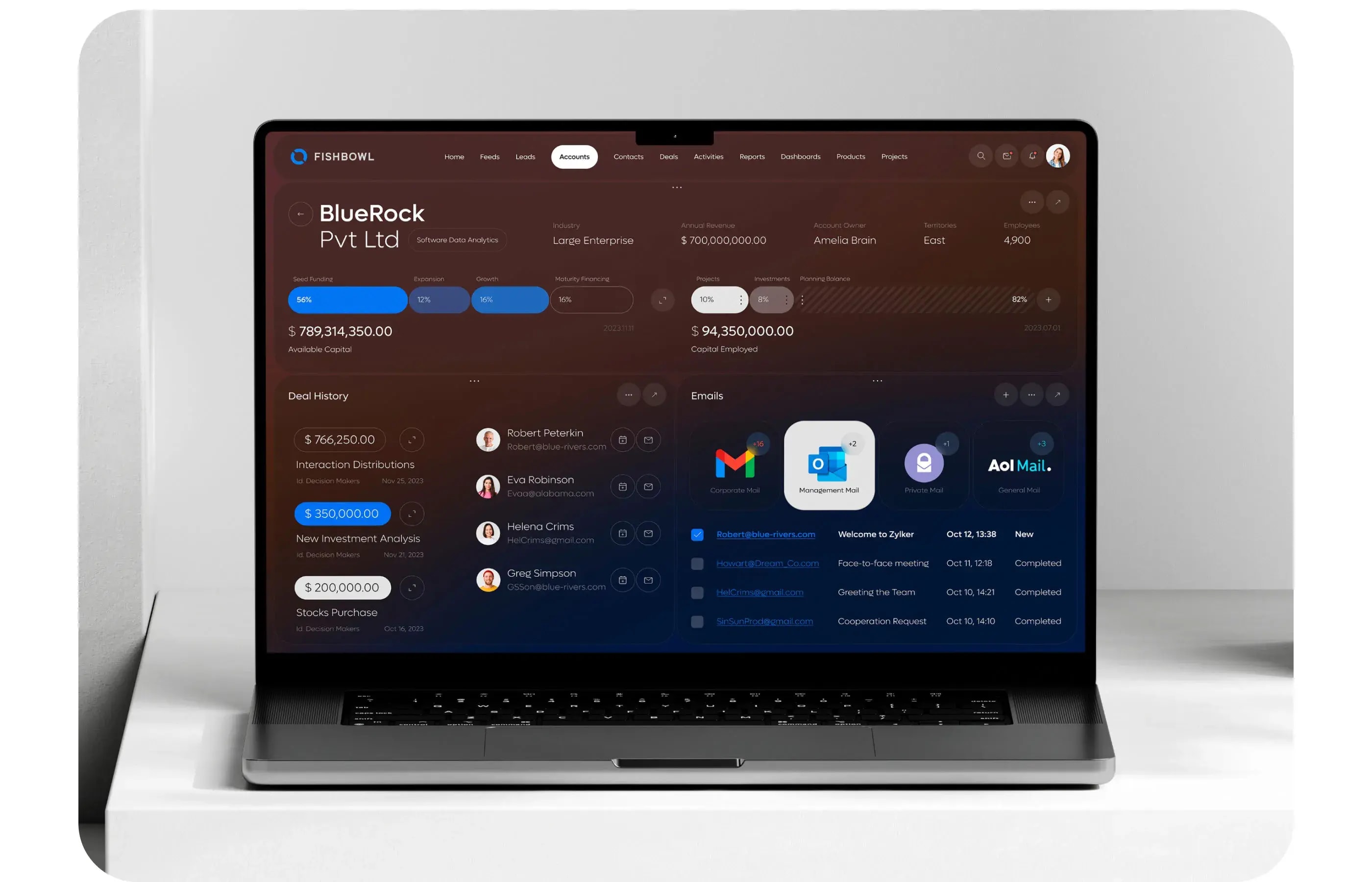 Fishbowl CRM web application UI displayed on a laptop.