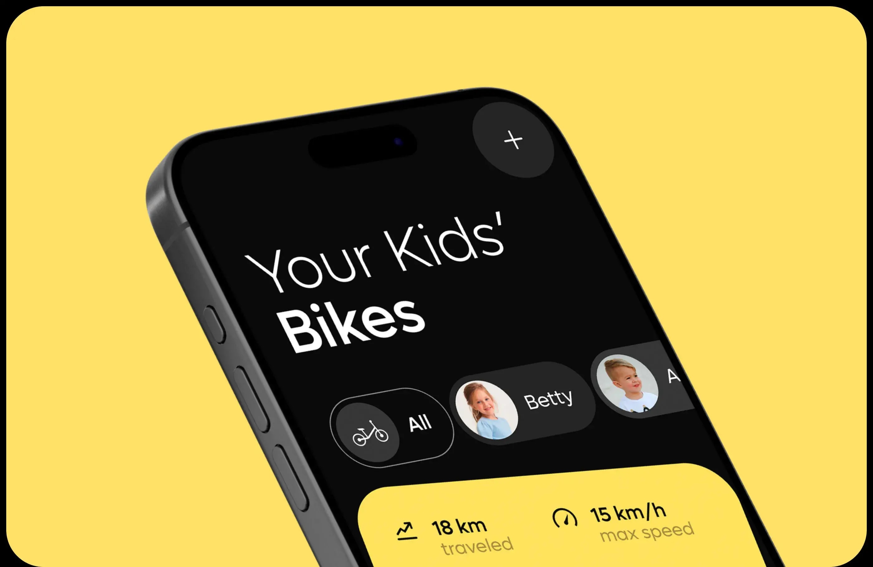 Screenshot of the Kinderkraft GoSwift mobile app showing bike tracking data for kids: 18 km traveled, 15 km/h max speed.