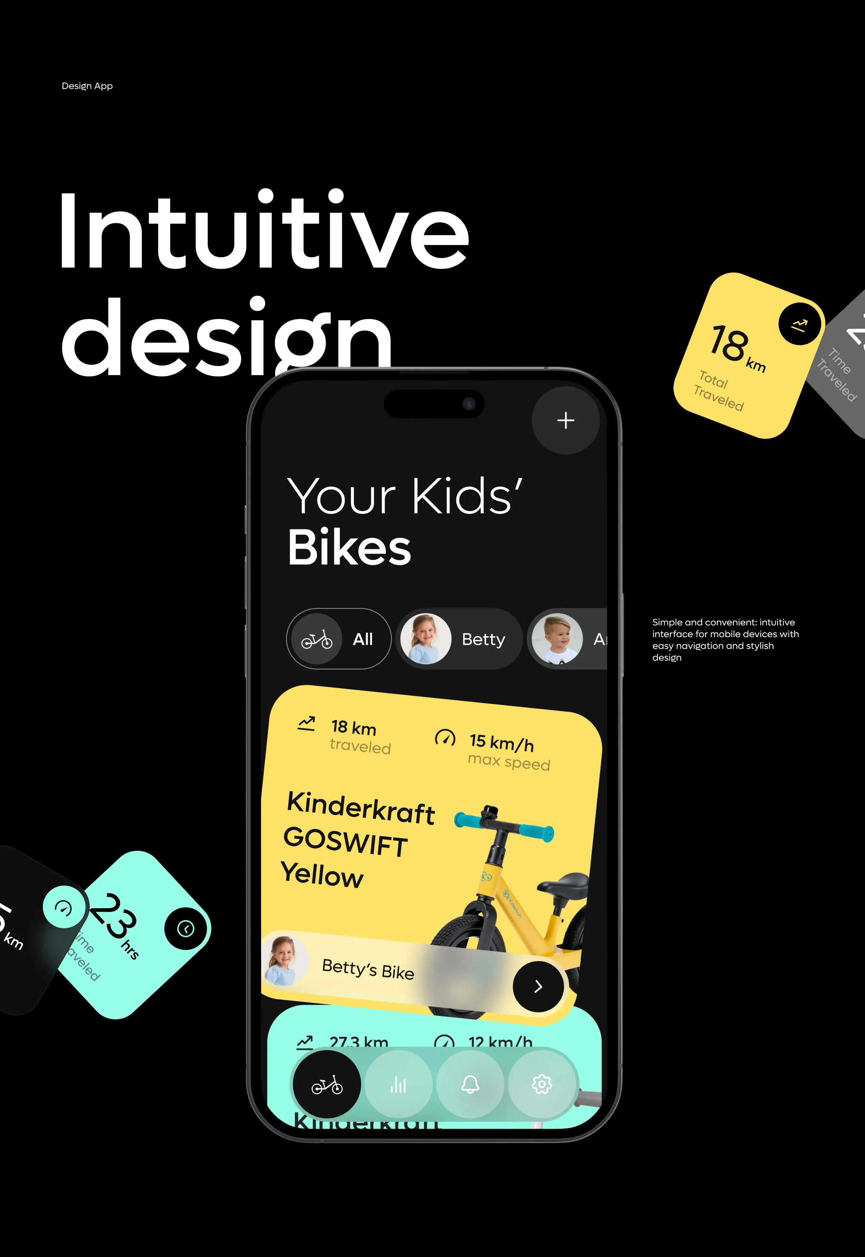 Screenshot of the Kinderkraft Goswift mobile app UI on a phone.