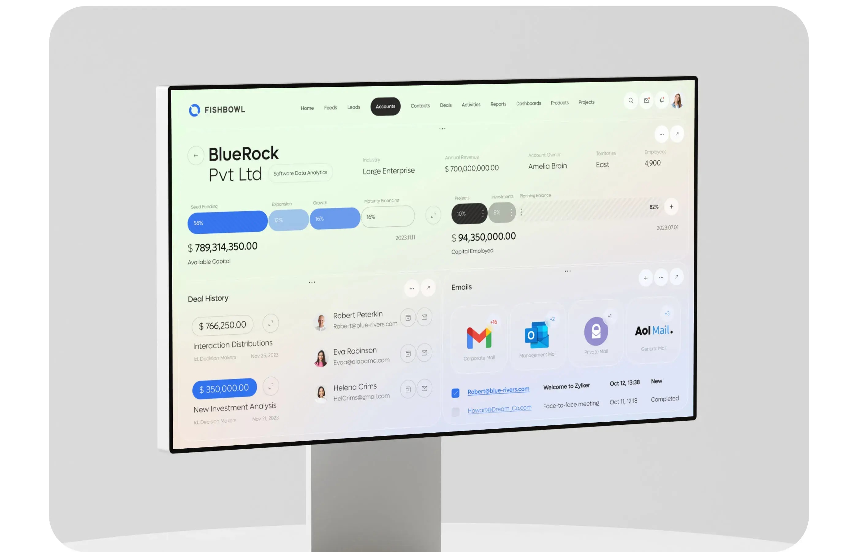 Screenshot of the UI design for a CRM SaaS web application.