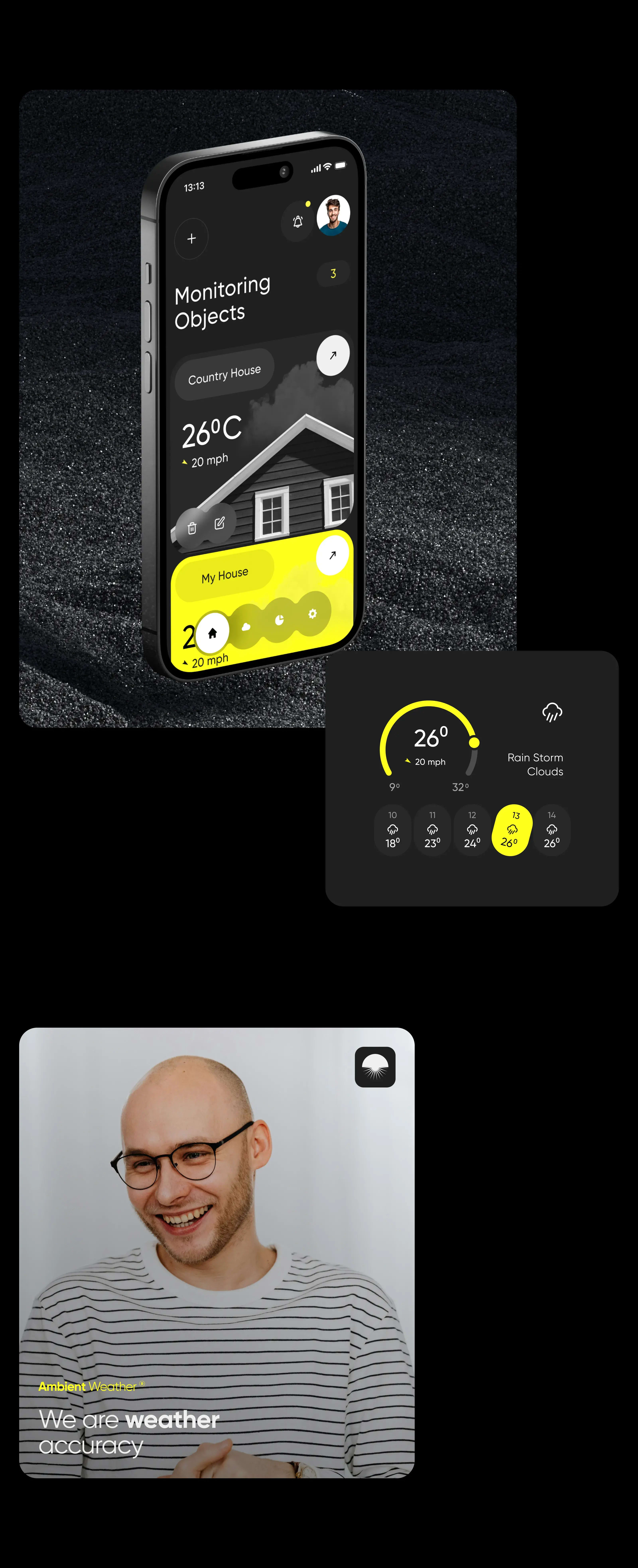 Screenshot of an Ambient Weather mobile app UI on a smartphone, displaying IoT sensor data.