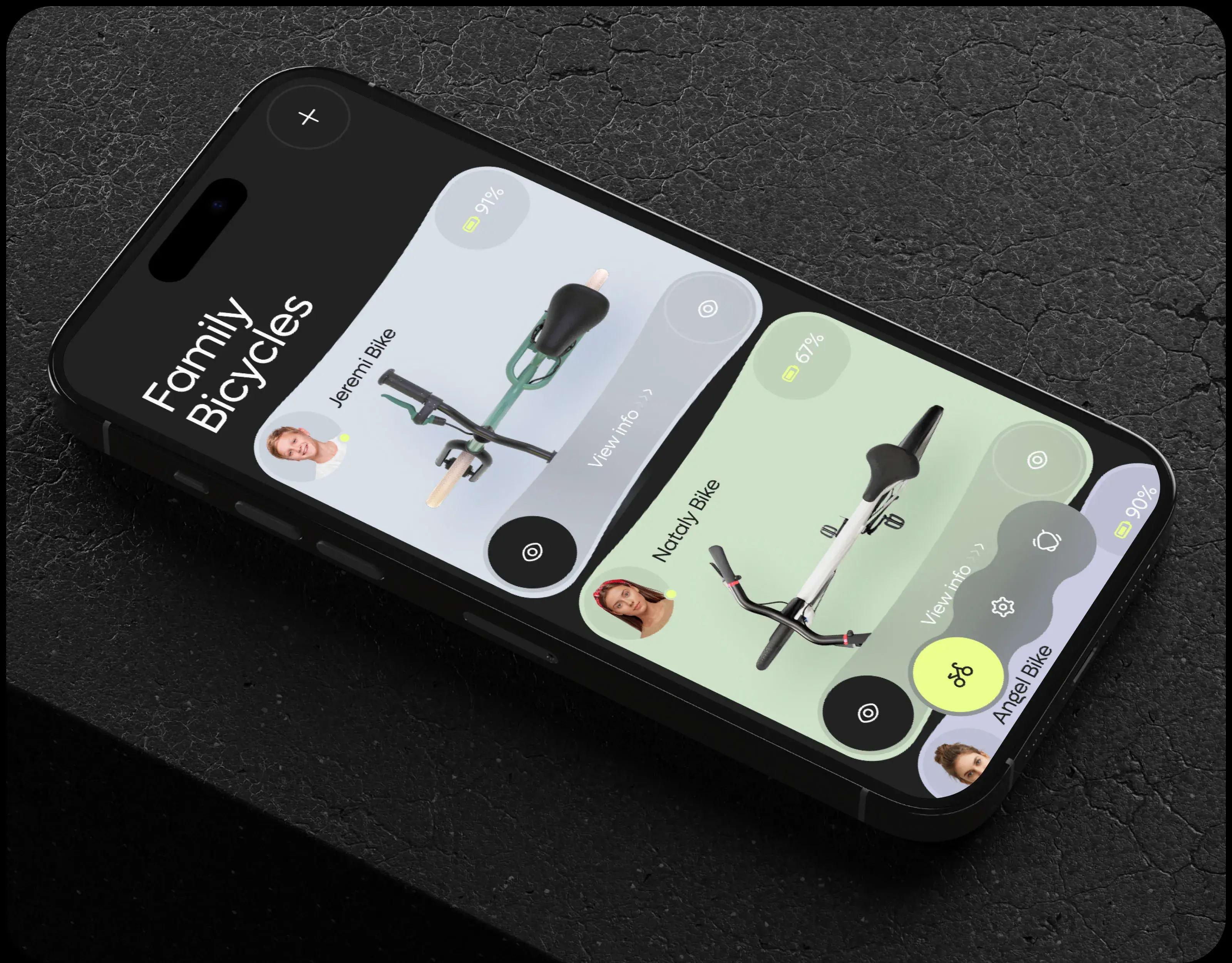 Screenshot of the mybike mobile app UI displaying a list of bike options or data with percentages and "View info" links.