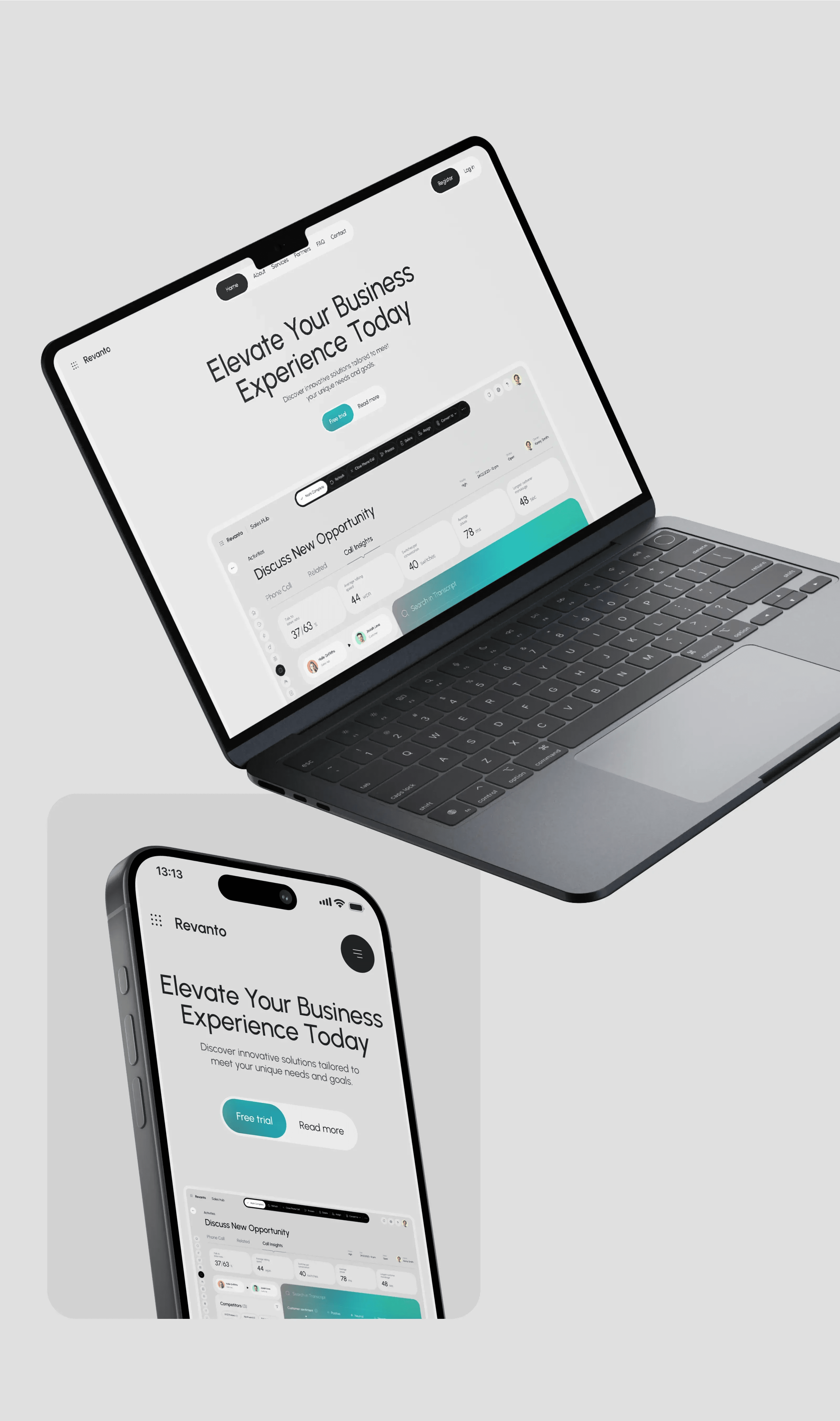 Screenshot of Revanto Sales SaaS CRM UI design displayed on laptop and mobile devices.
