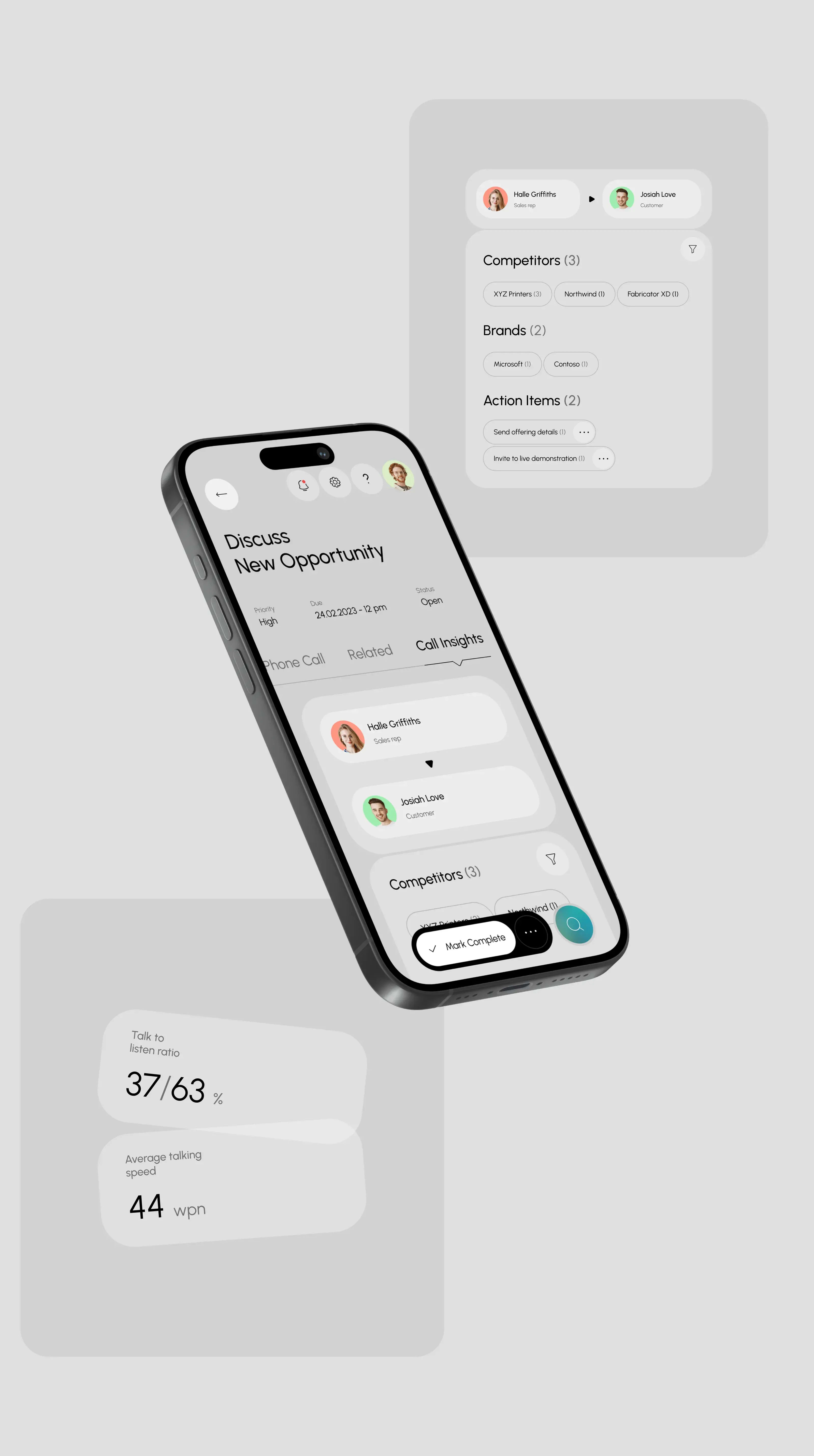 Mobile UI design for the Revanto Sales CRM app shown on an iPhone.