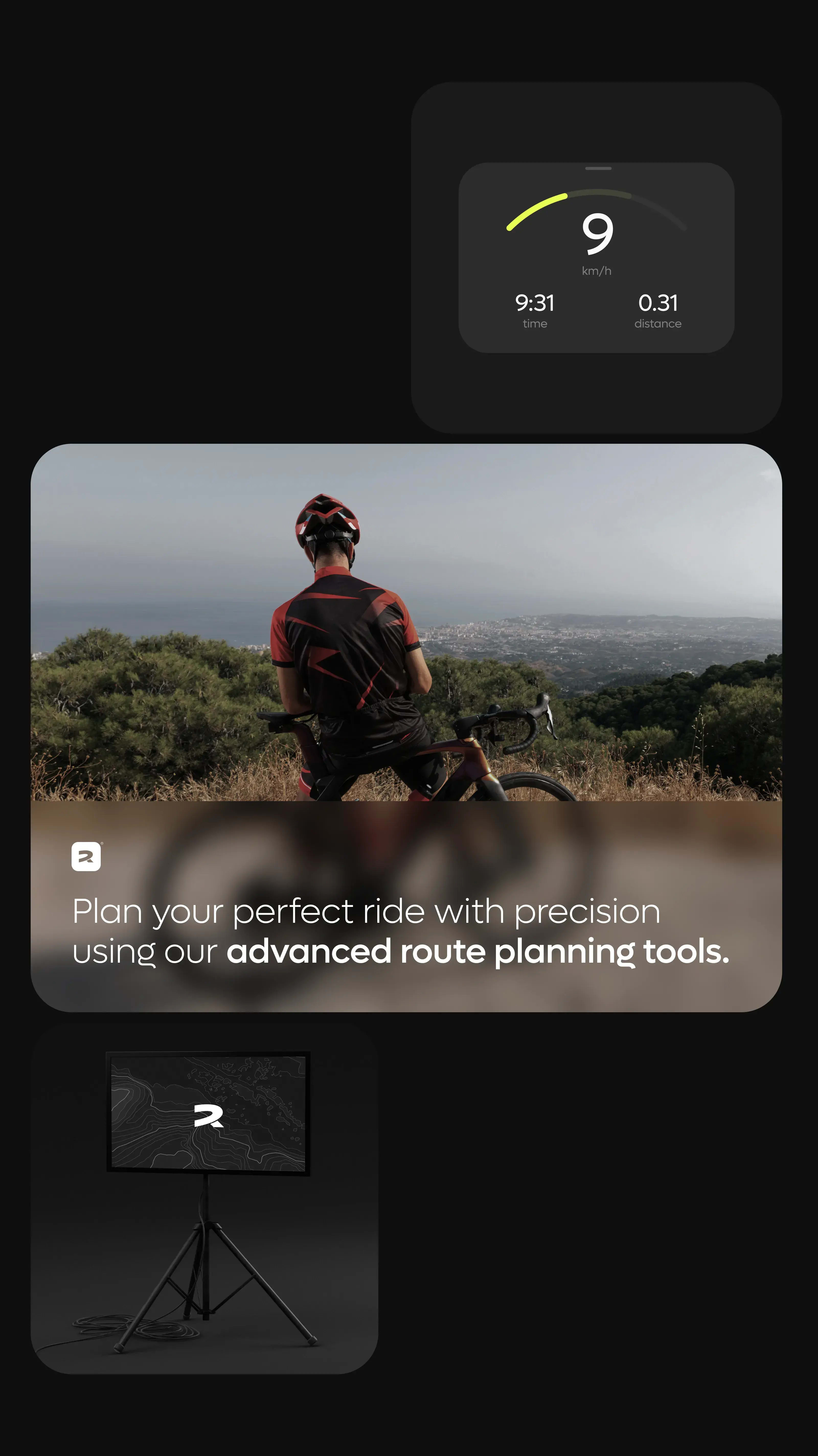 Screenshot of a bicycle route mobile app on a phone, displaying ride time, distance, and route planning text on a trail.