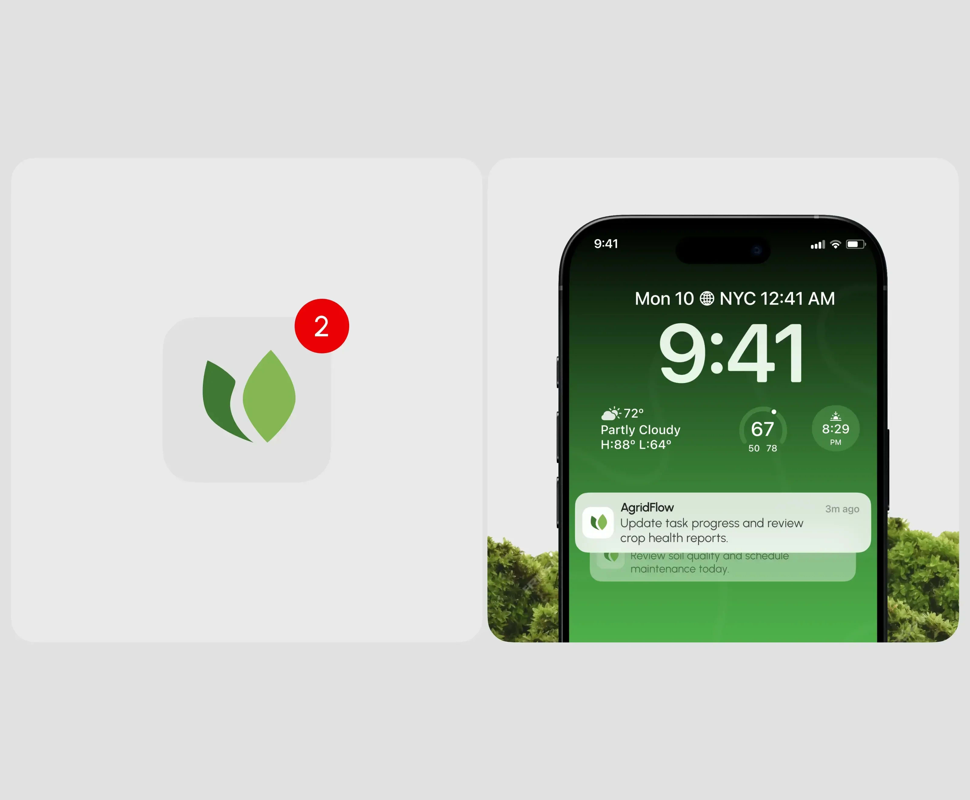Screenshot of the agridflow farming SaaS mobile app UI on a phone.
