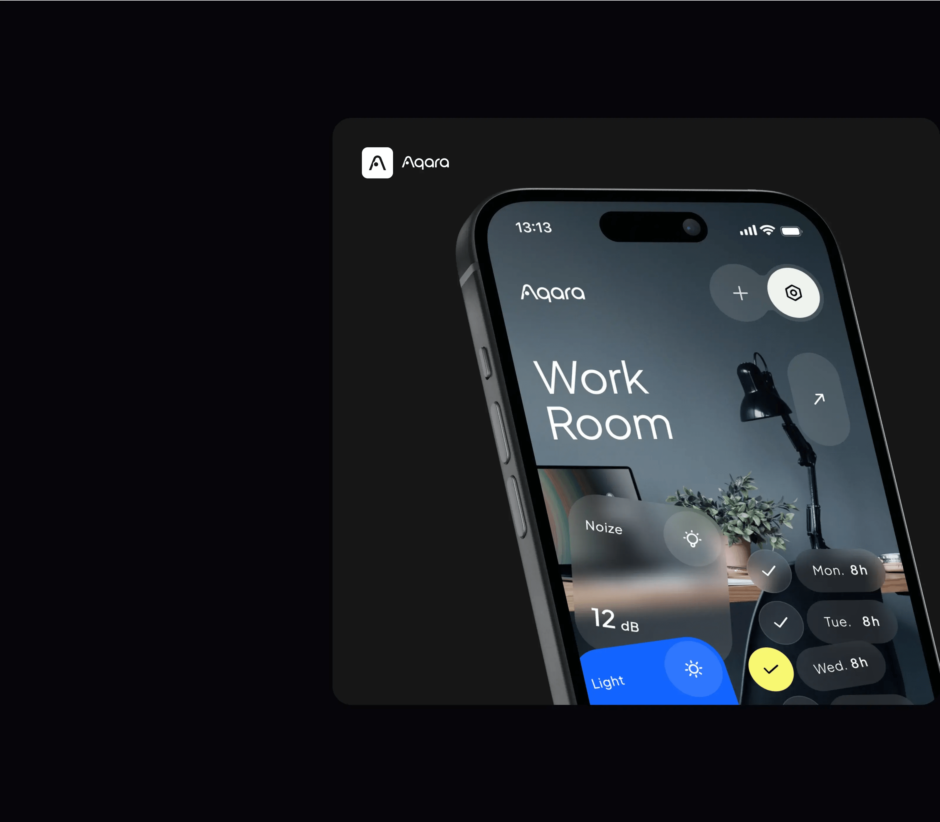 Screenshot of the Aqara smart home app UI showing a Work Room screen with noise levels and daily duration data.