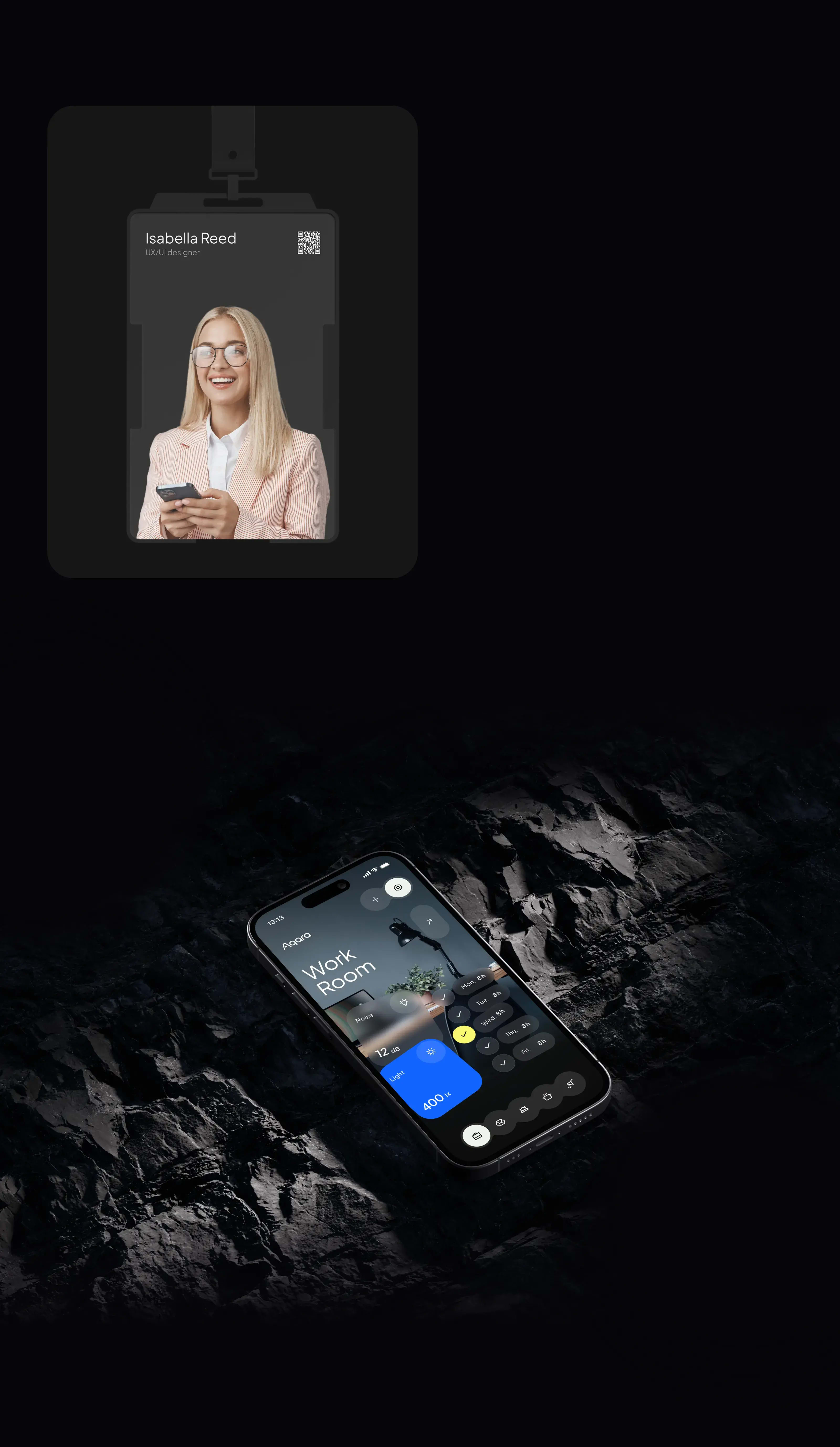 Mobile app screenshot of the Aqara smart home UI, showing a work room dashboard with noise and light levels, relevant to UI/UX design.