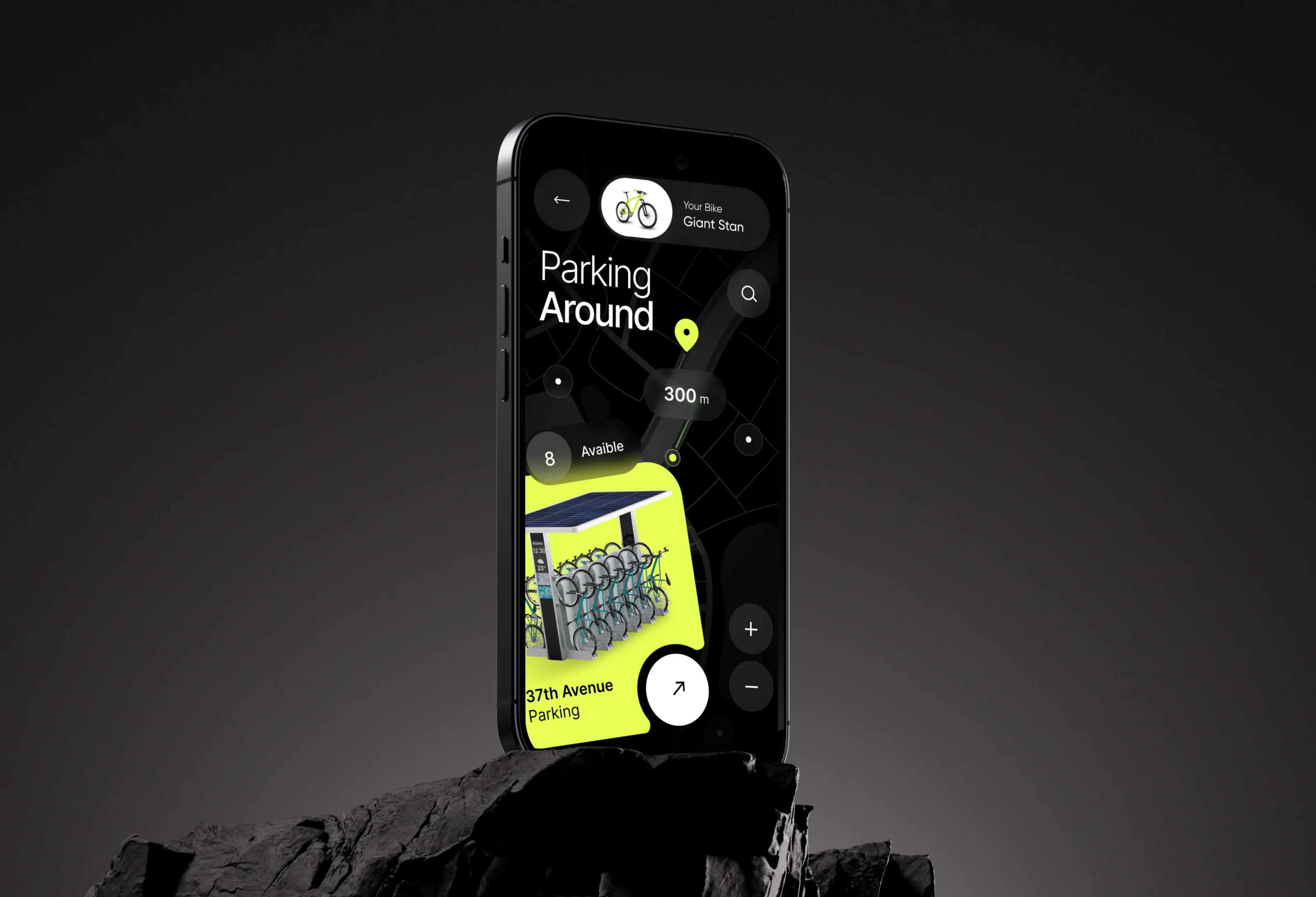 Screenshot of the Bike-Spot mobile app showing available bicycle parking spots including one 300m away.