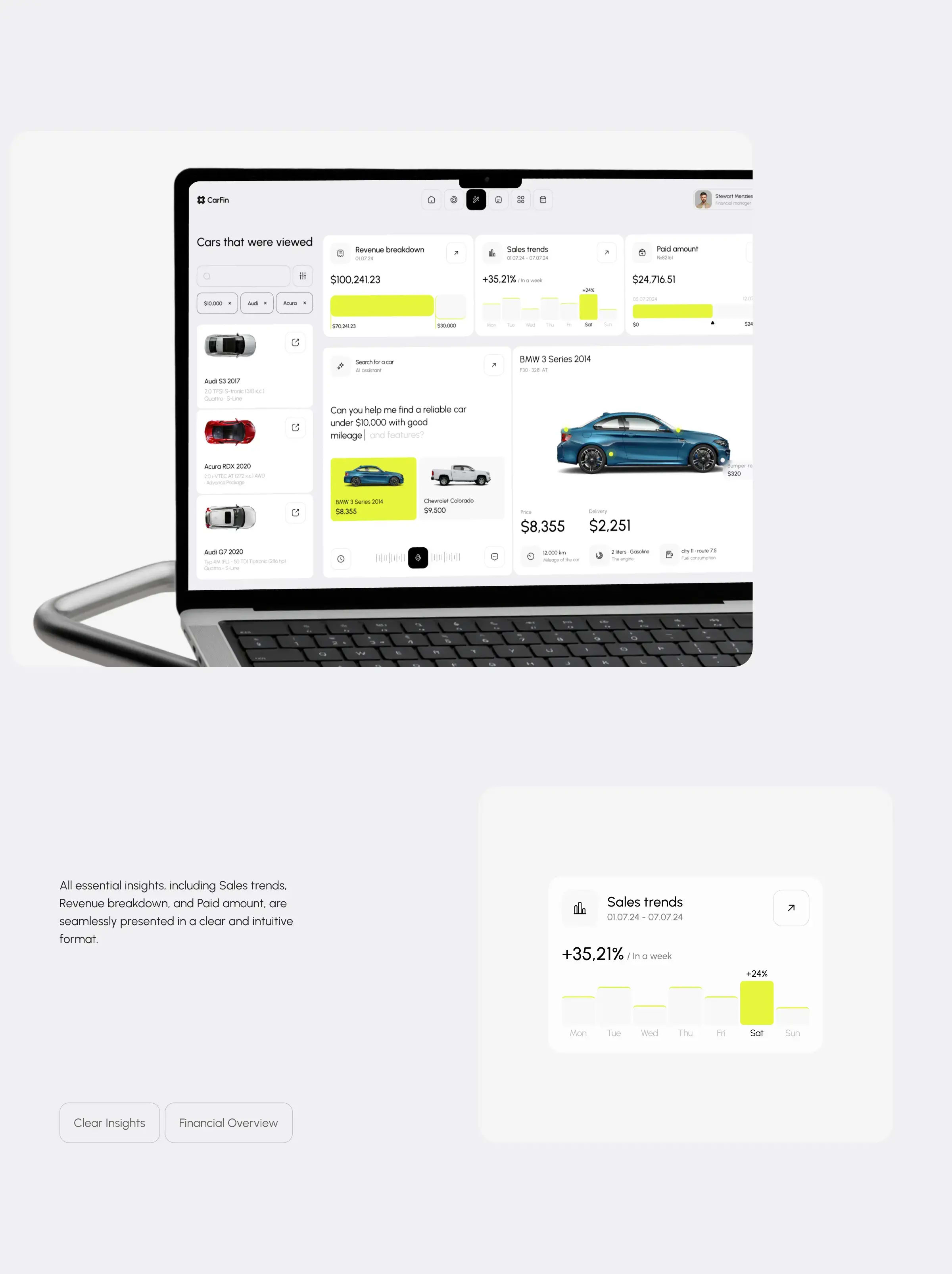 Concept UI screenshot for the Carfin AI car search assistant.