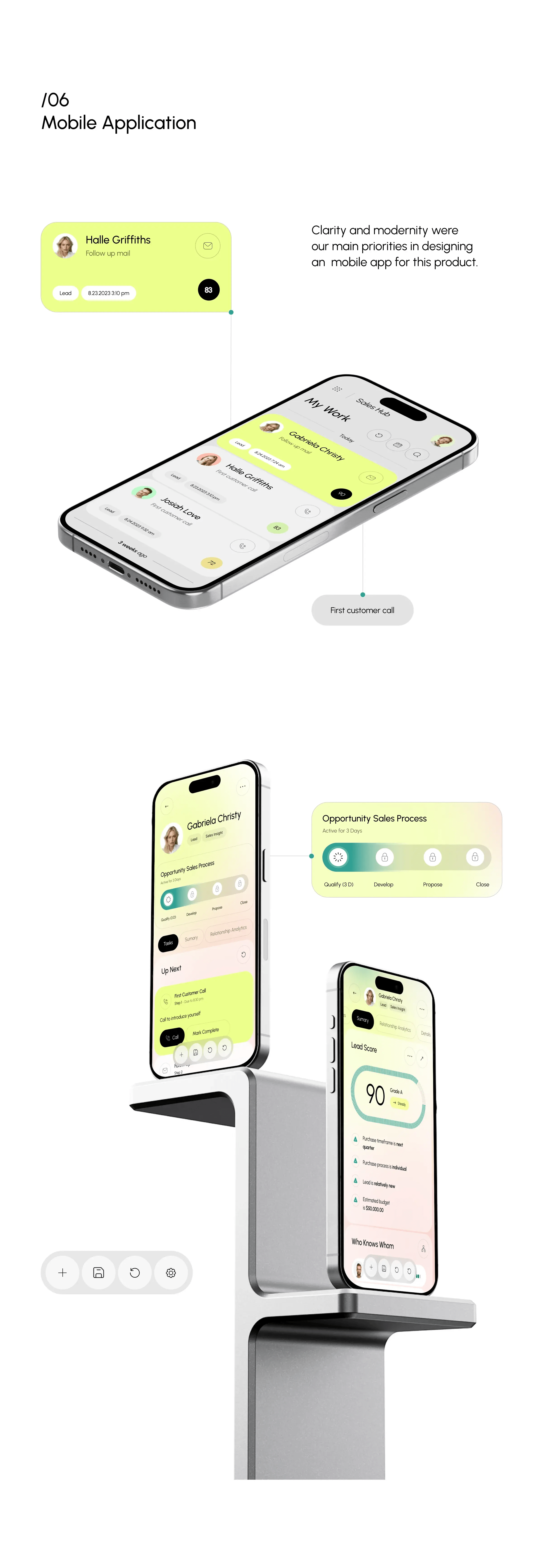 Diagram showing UI/UX design of mobile CRM app screens.