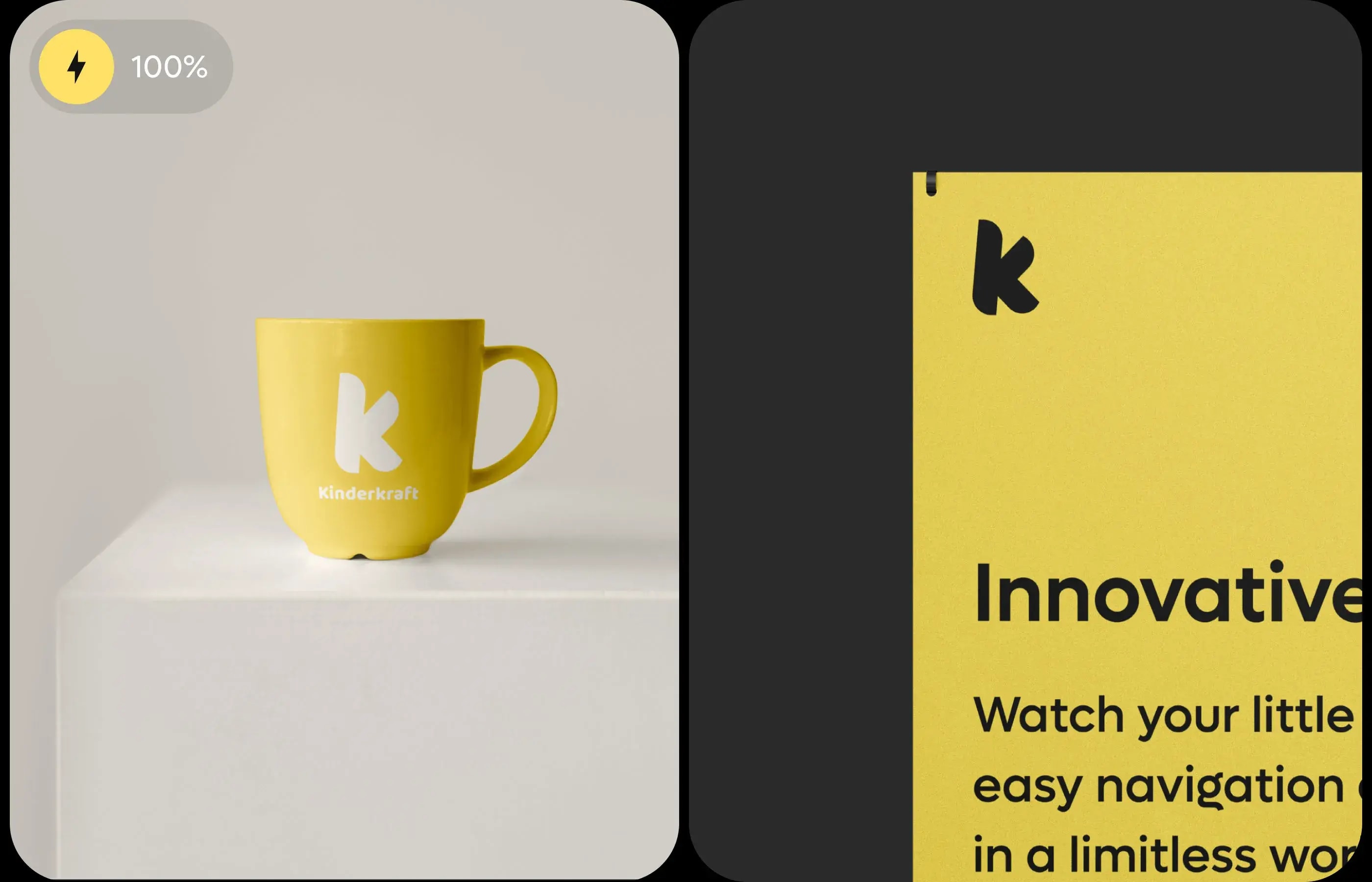 Kinderkraft GoSwift app design graphic featuring a cup symbol and text about easy navigation.