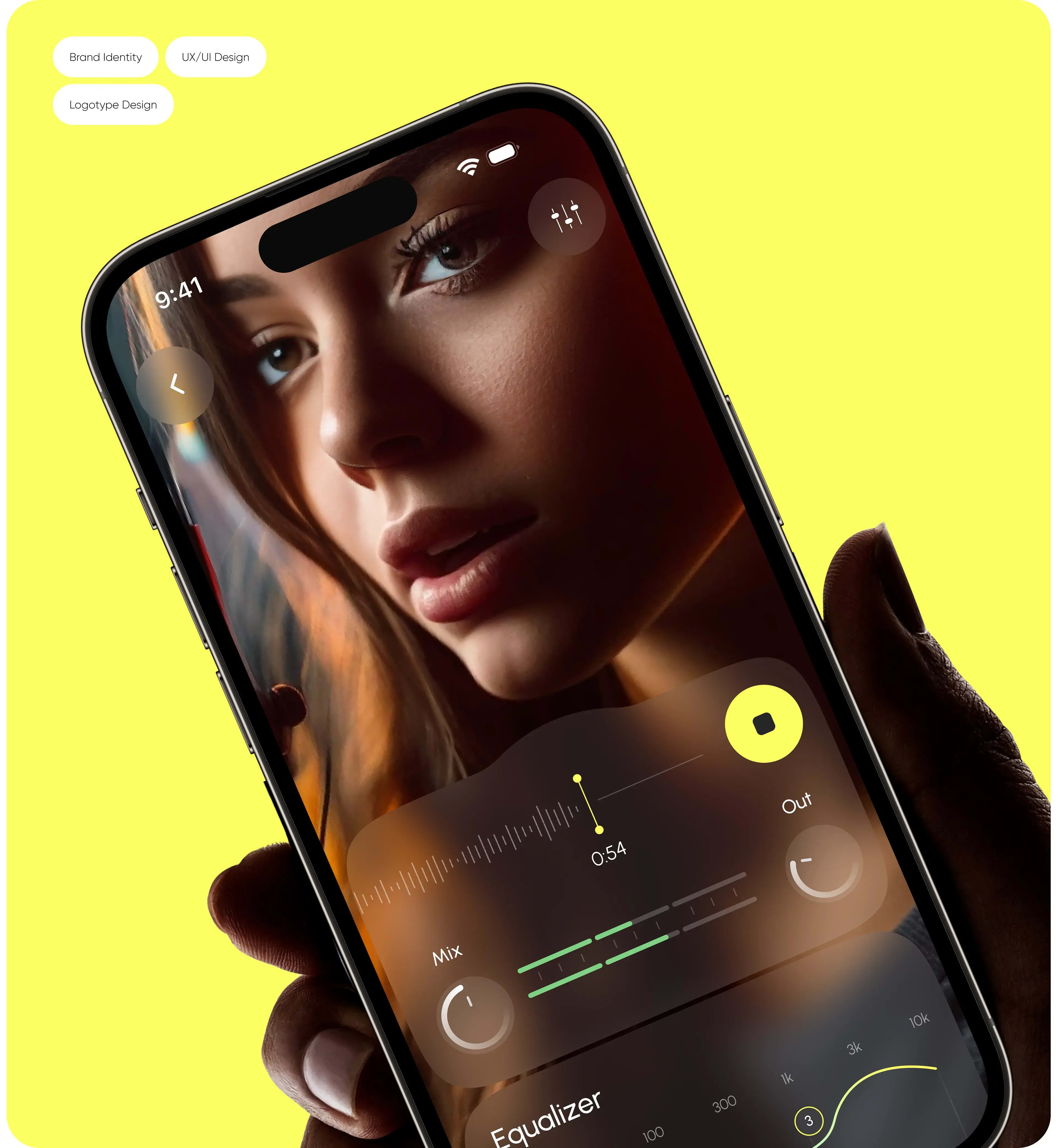 Mobile app screenshot of a music mix equalizer, highlighting brand identity and UX/UI design elements.