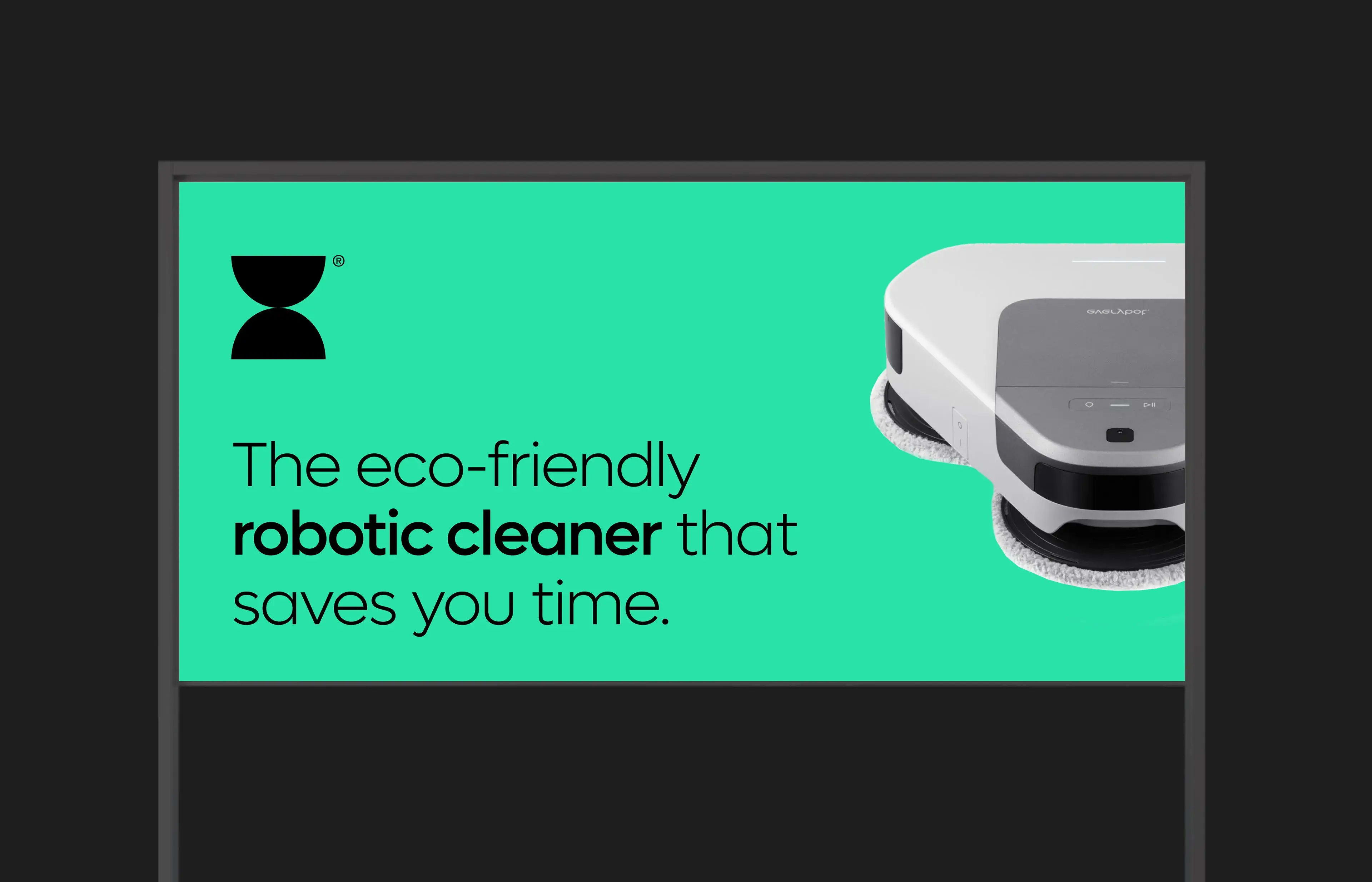 Graphic promoting the everybot robotic cleaner and its mobile app, highlighting the slogan 'The eco-friendly robotic cleaner that saves you time.'.