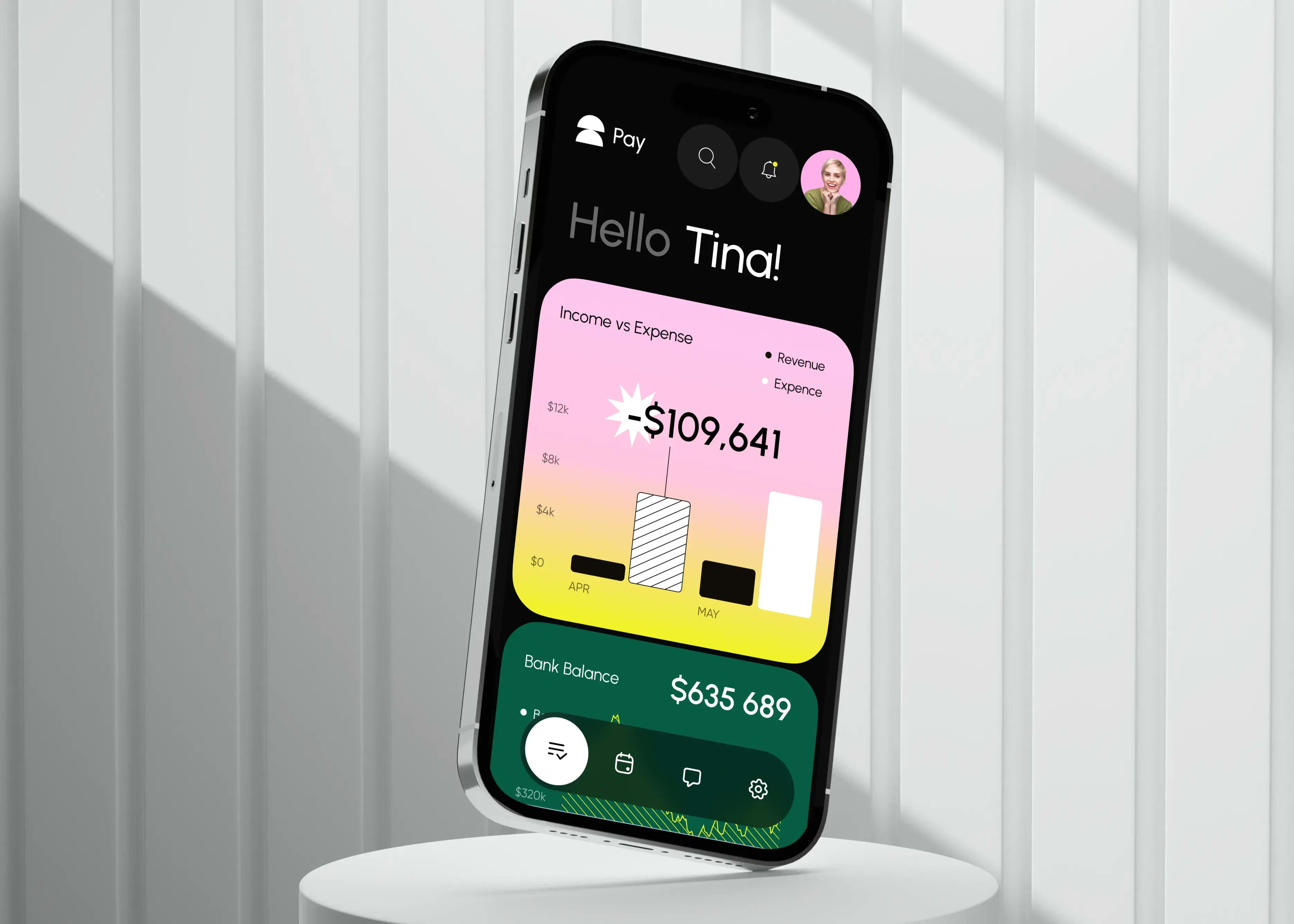 Mobile app interface design screenshot showing finance and CRM data like income vs expense and bank balance.