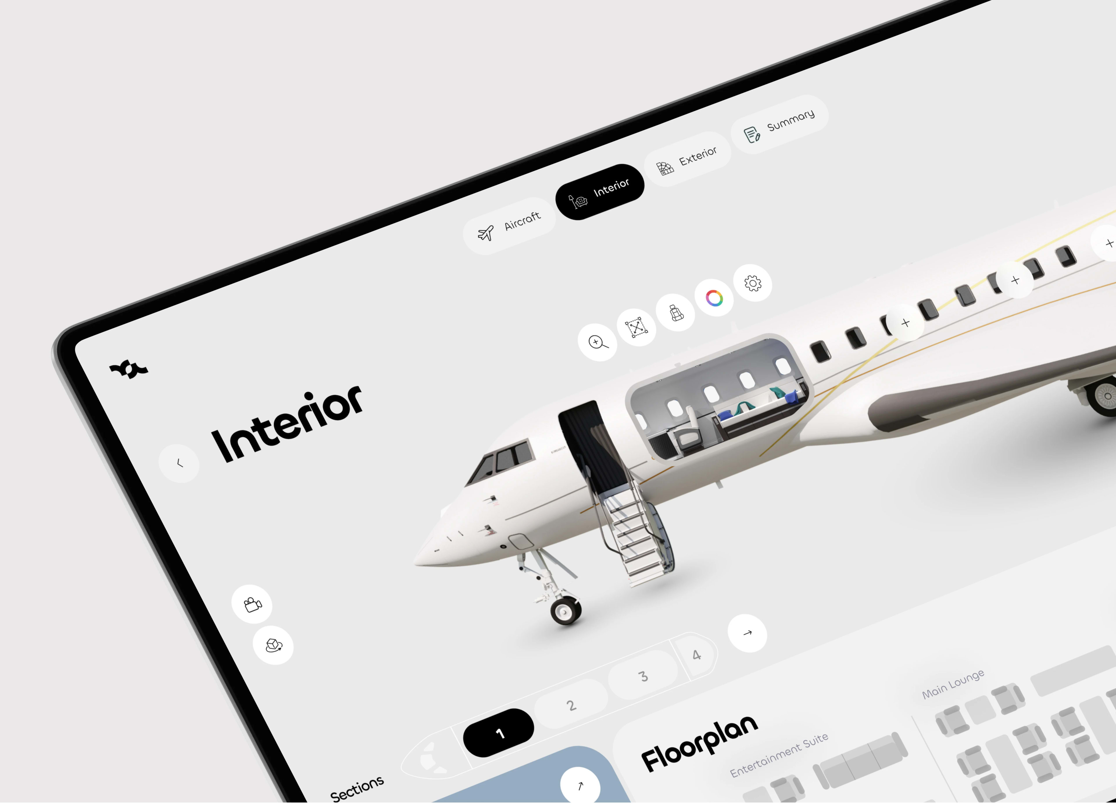 Screenshot of a design interface showing interior and exterior sections of a Bombardier aircraft.