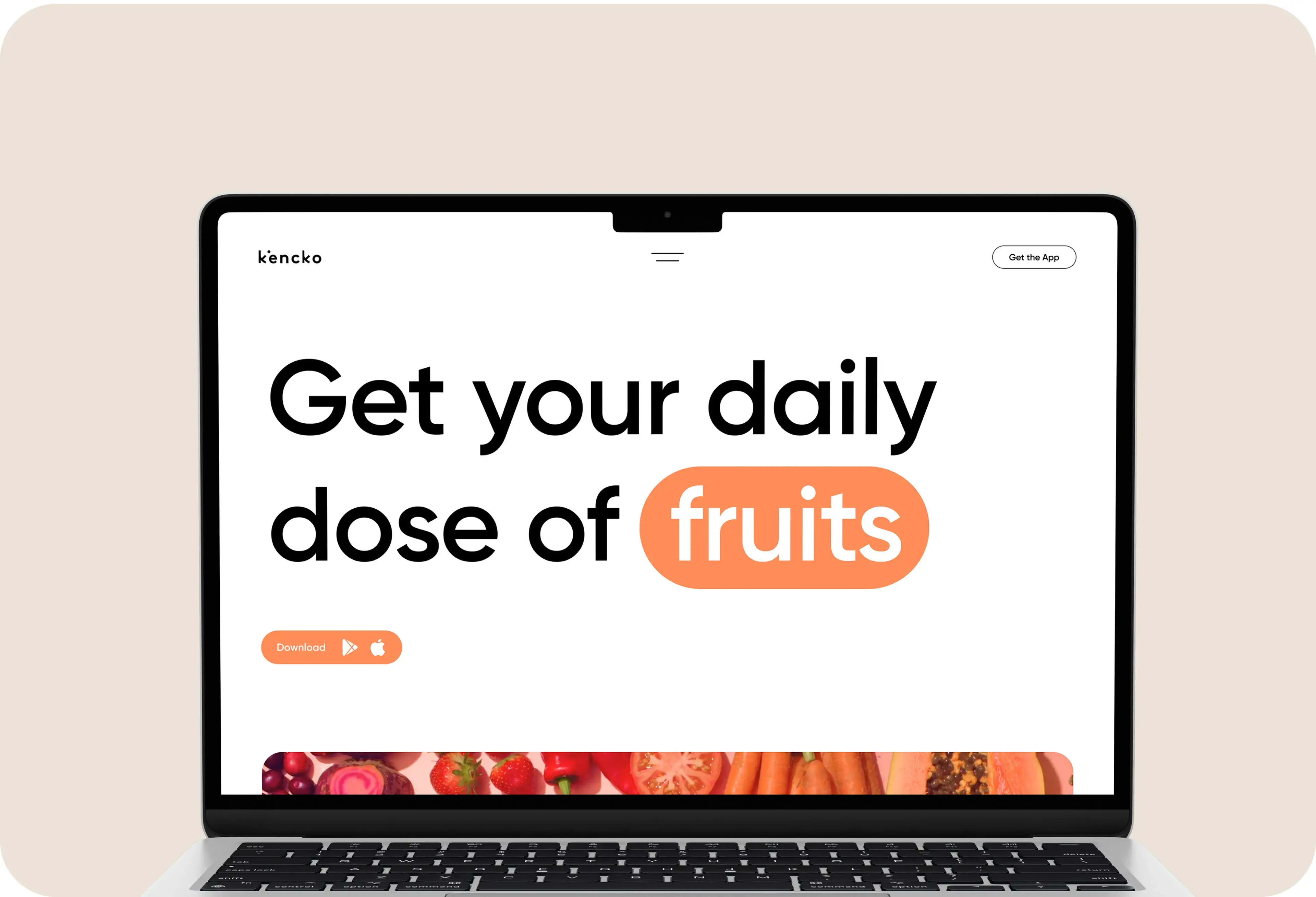 Person with laptop near Kencko branding and bottle, showing "FRUITS ARE WATCHING" text.