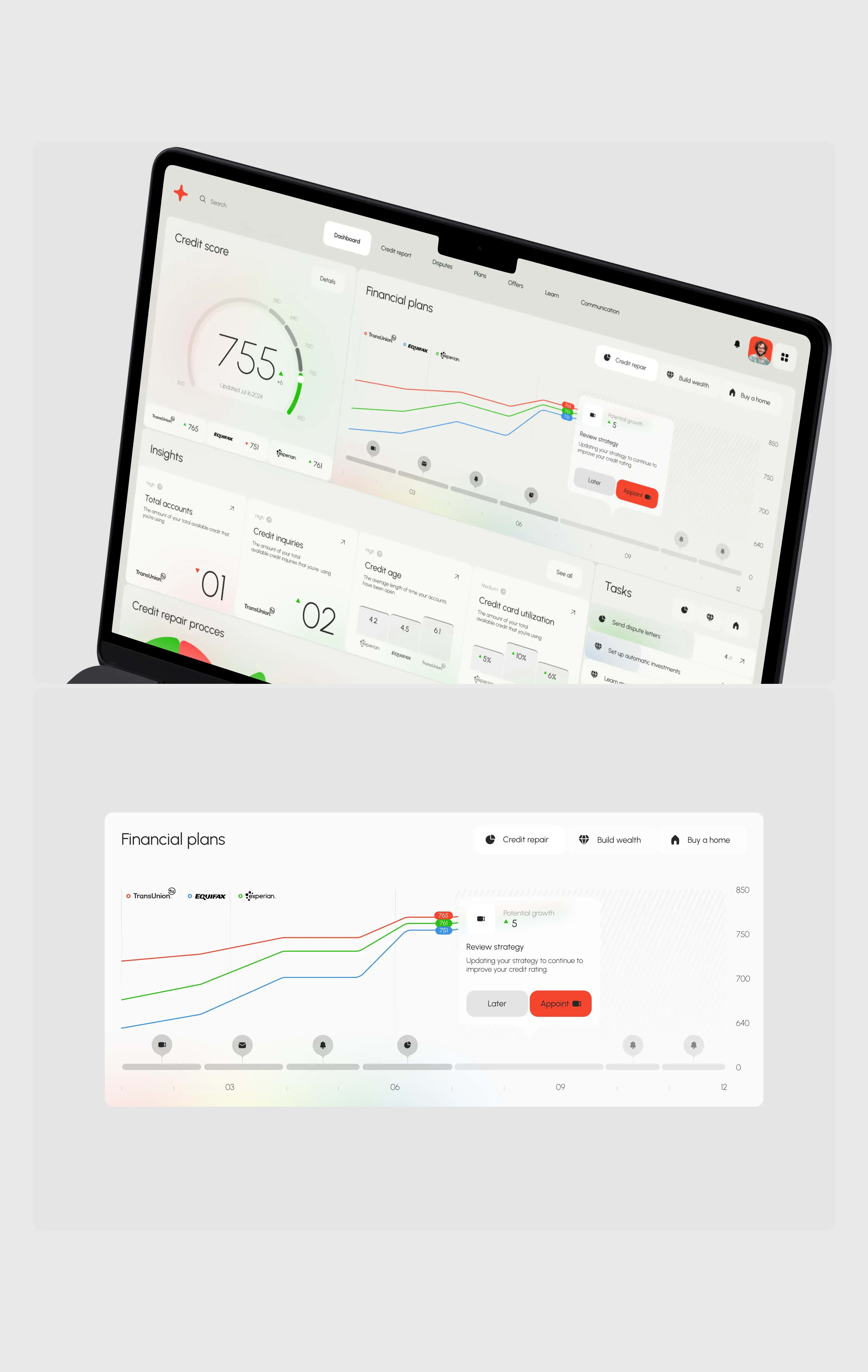 UI/UX diagram for a credit SaaS application, showing a meter indicator on a web page interface.
