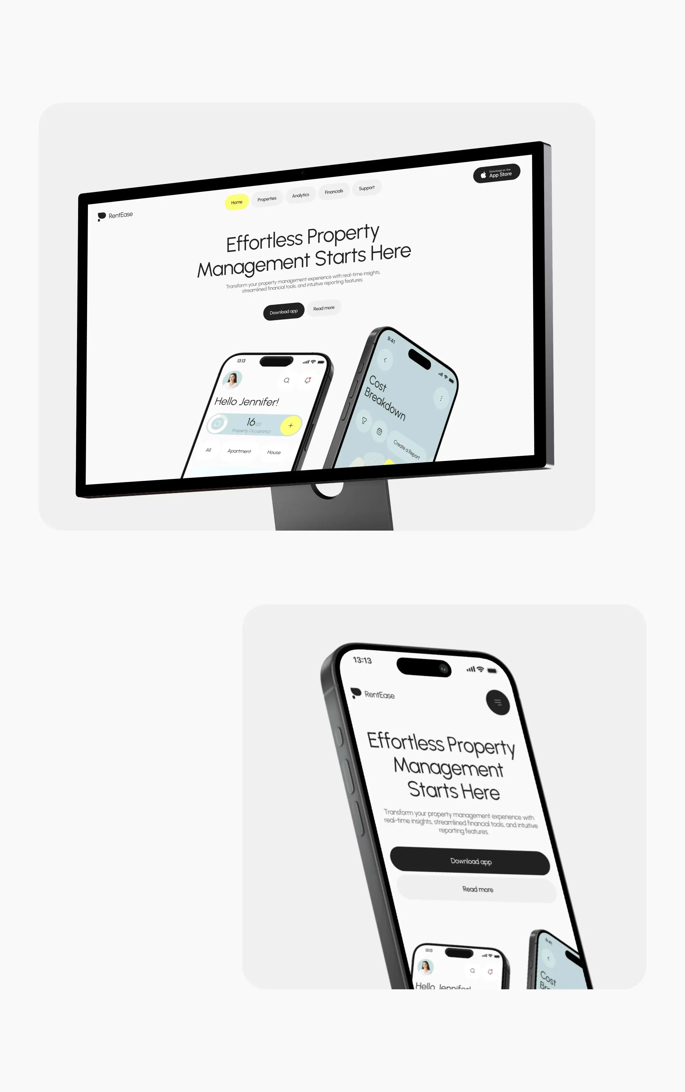 Screenshot of the RentEase property management SaaS mobile app interface.