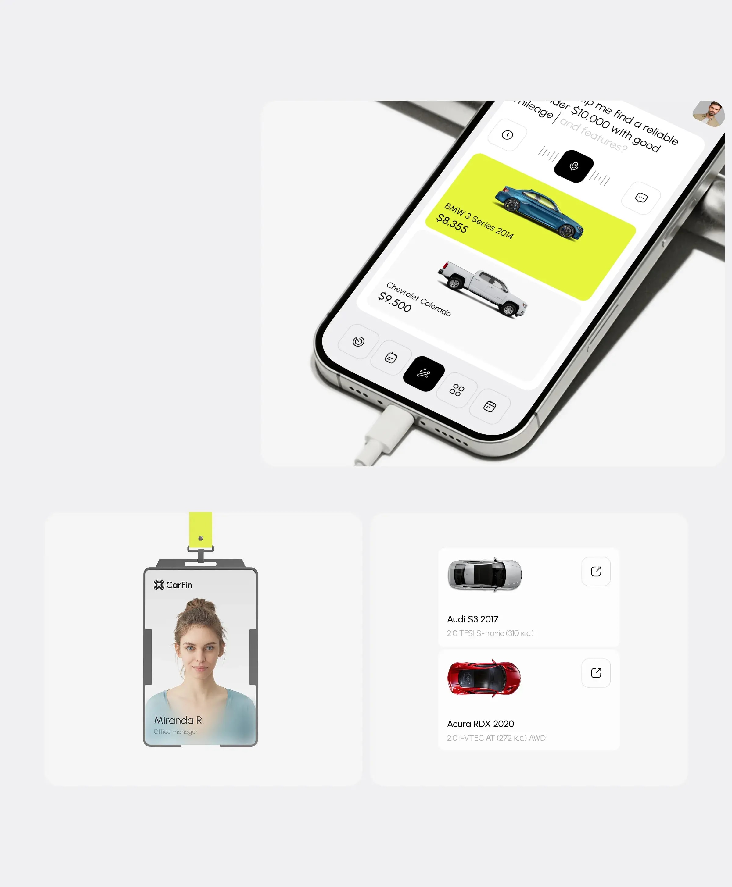 Mobile interface concept for the Carfin AI car search assistant.