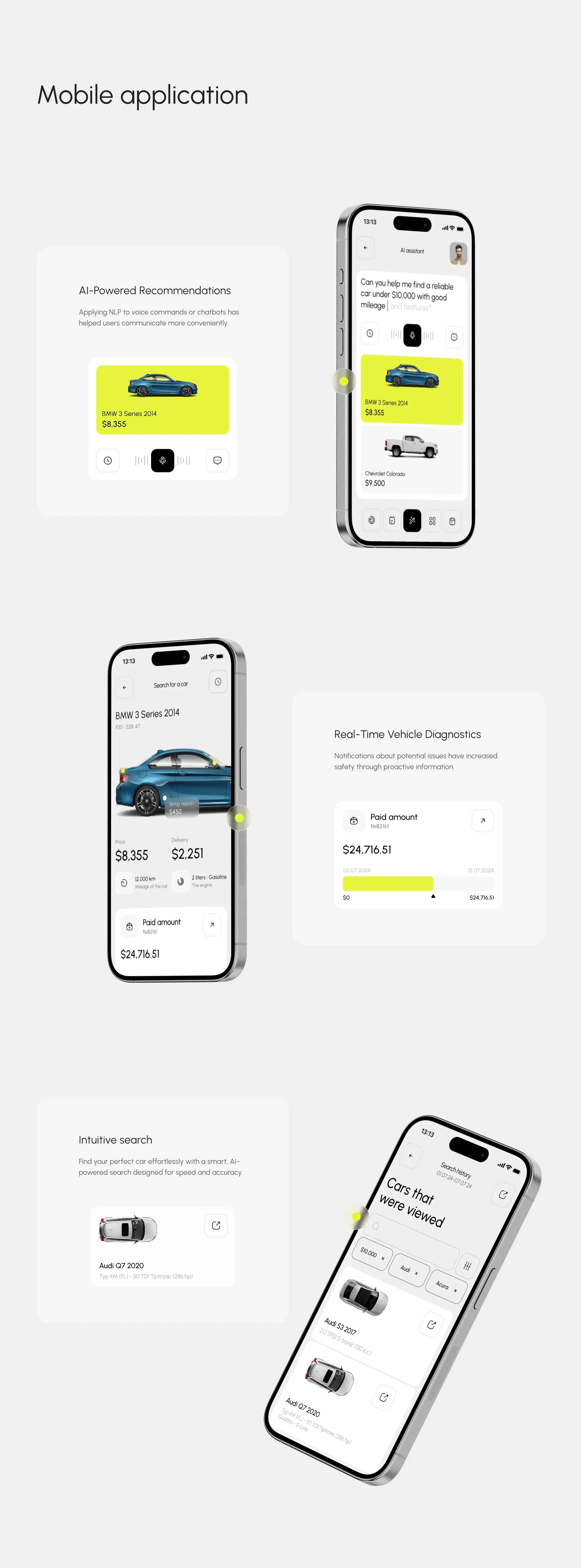 Screenshot of a mobile UI diagram for the car search AI assistant concept.