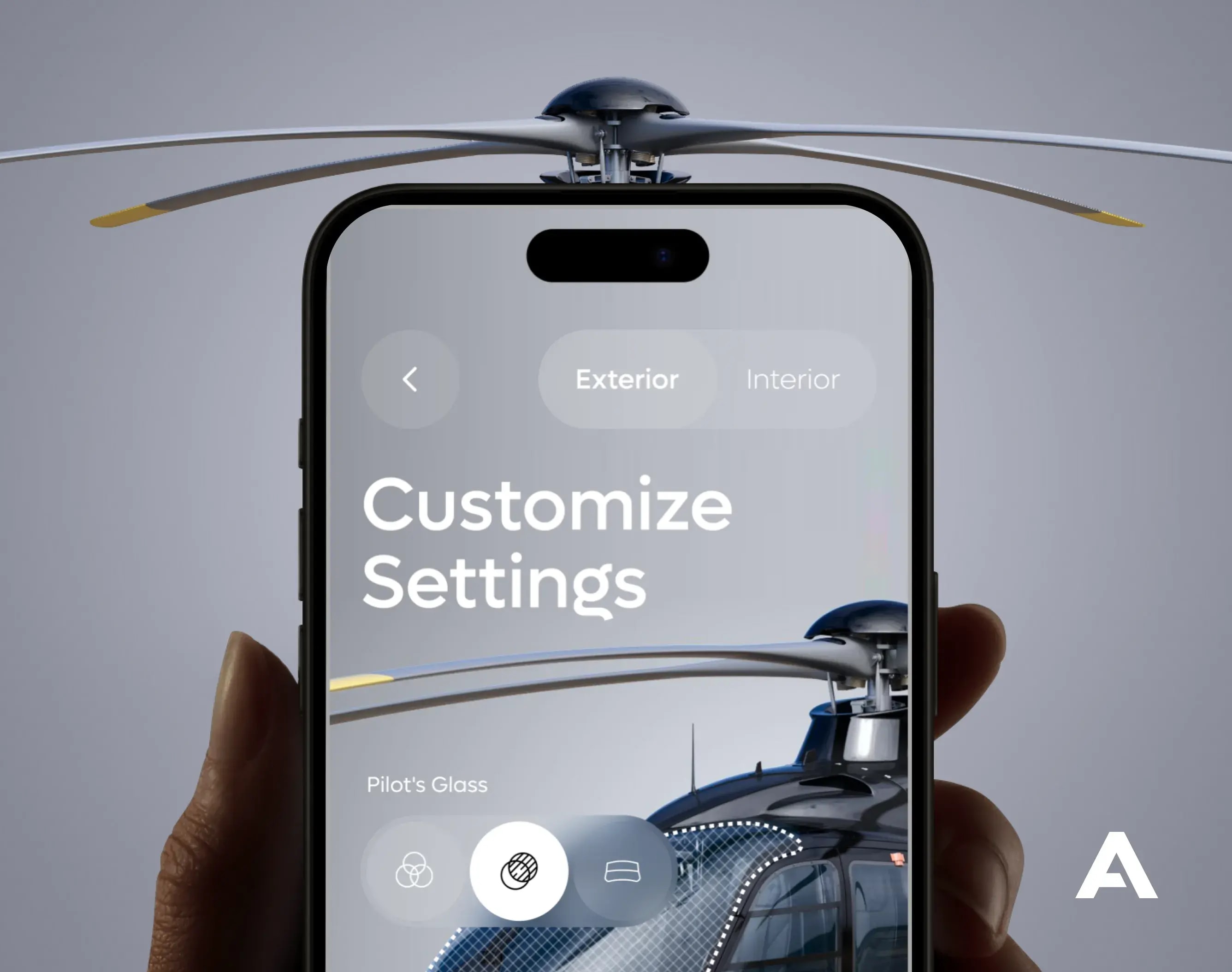 Screenshot of a mobile UI for the Airbus vehicle configurator showing exterior and interior customization options.