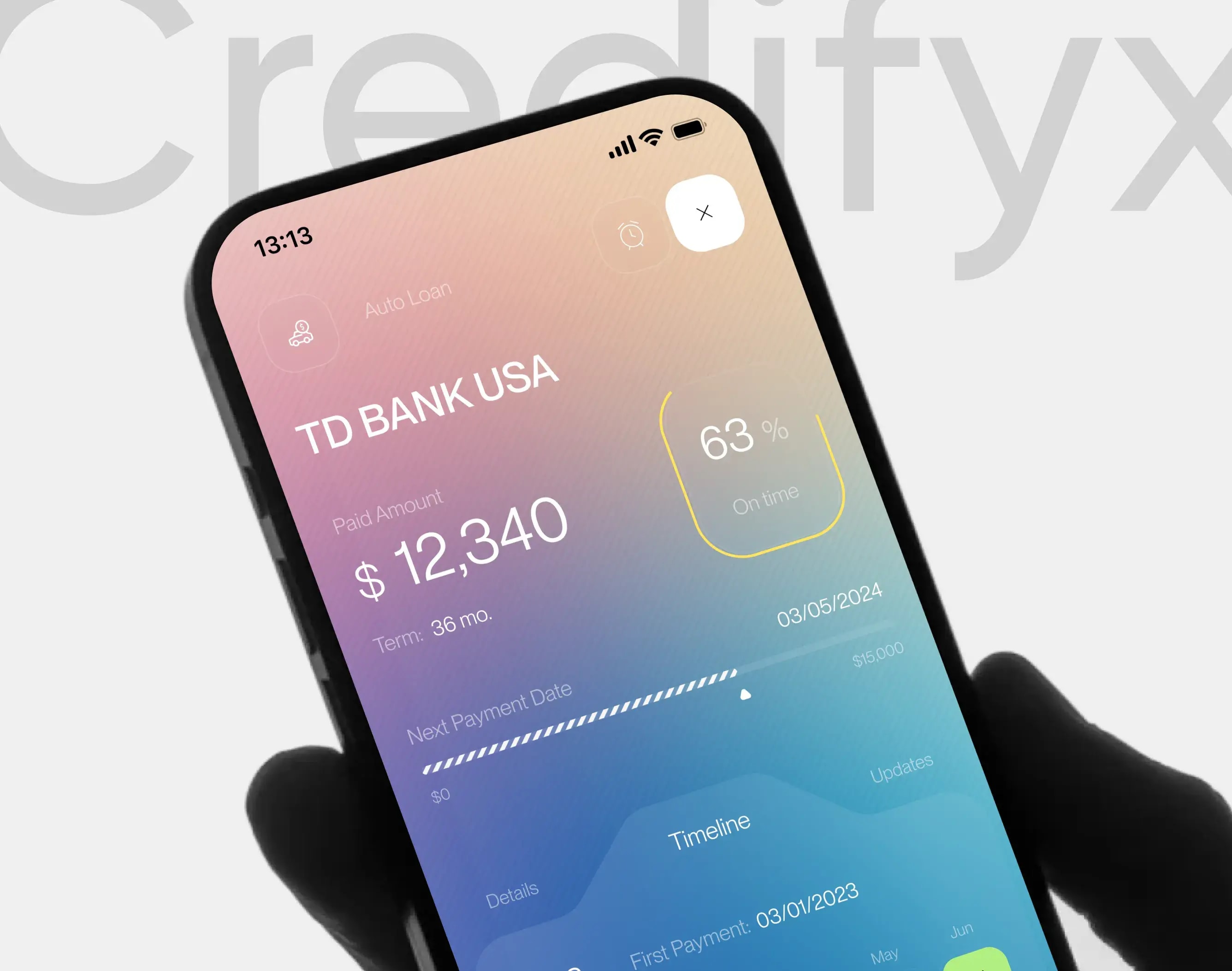 Mockup of the Credifyx SaaS mobile UI displayed on an iPhone.