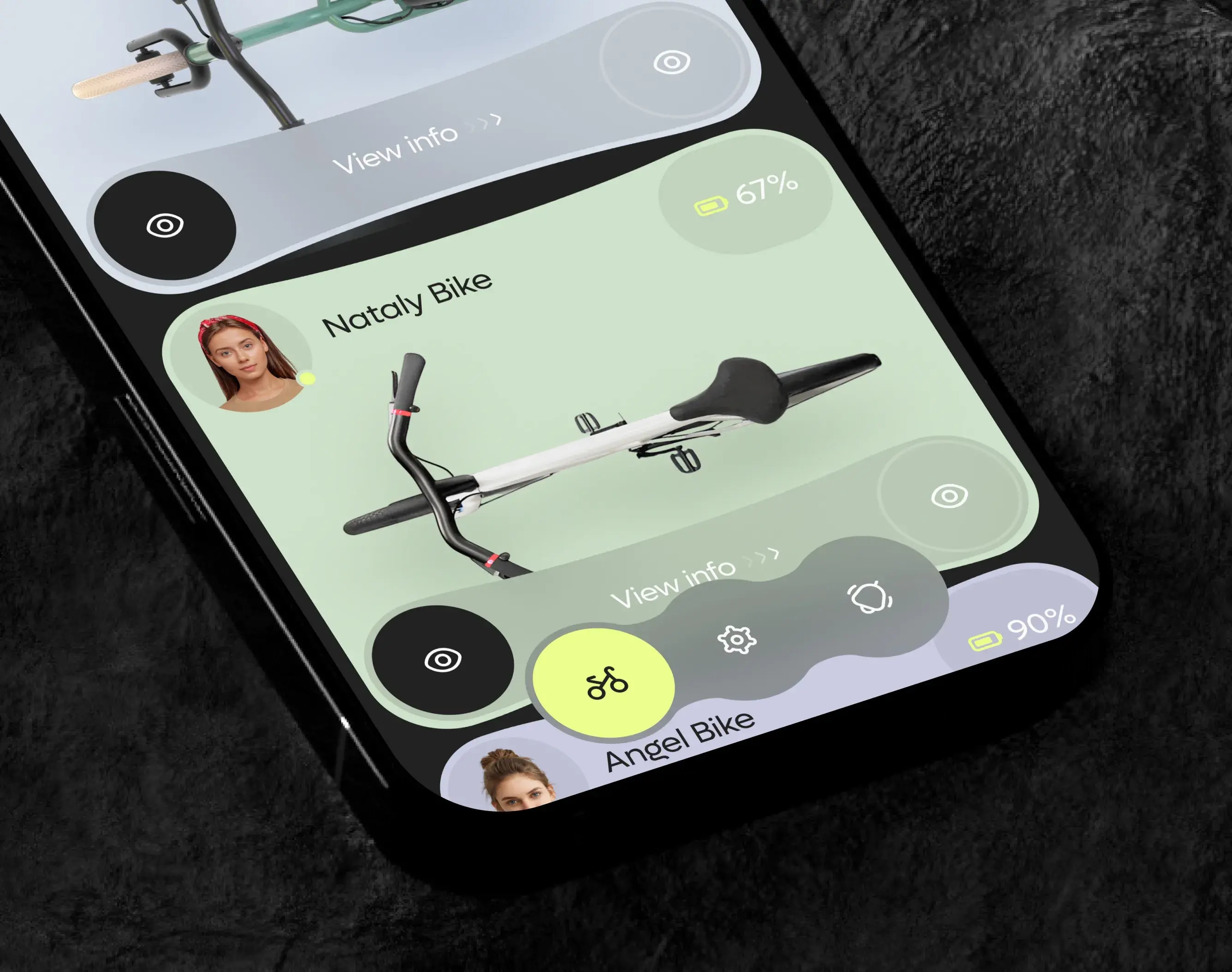 Screenshot of the MyBike mobile app interface displaying user bike tracking data, including "Nataly Bike 67%".