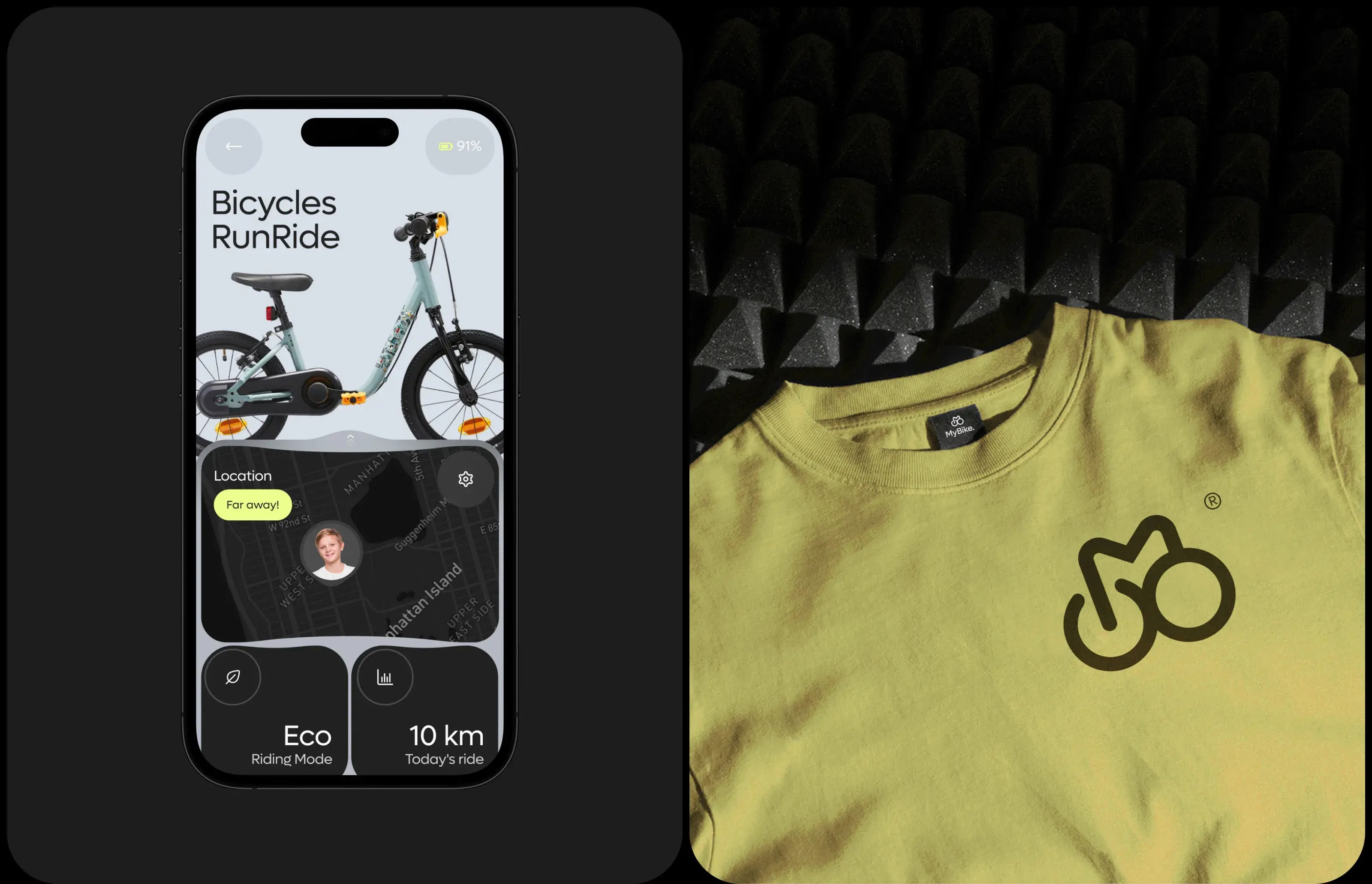 Screenshot of the Mybike mobile app UI design on a phone.