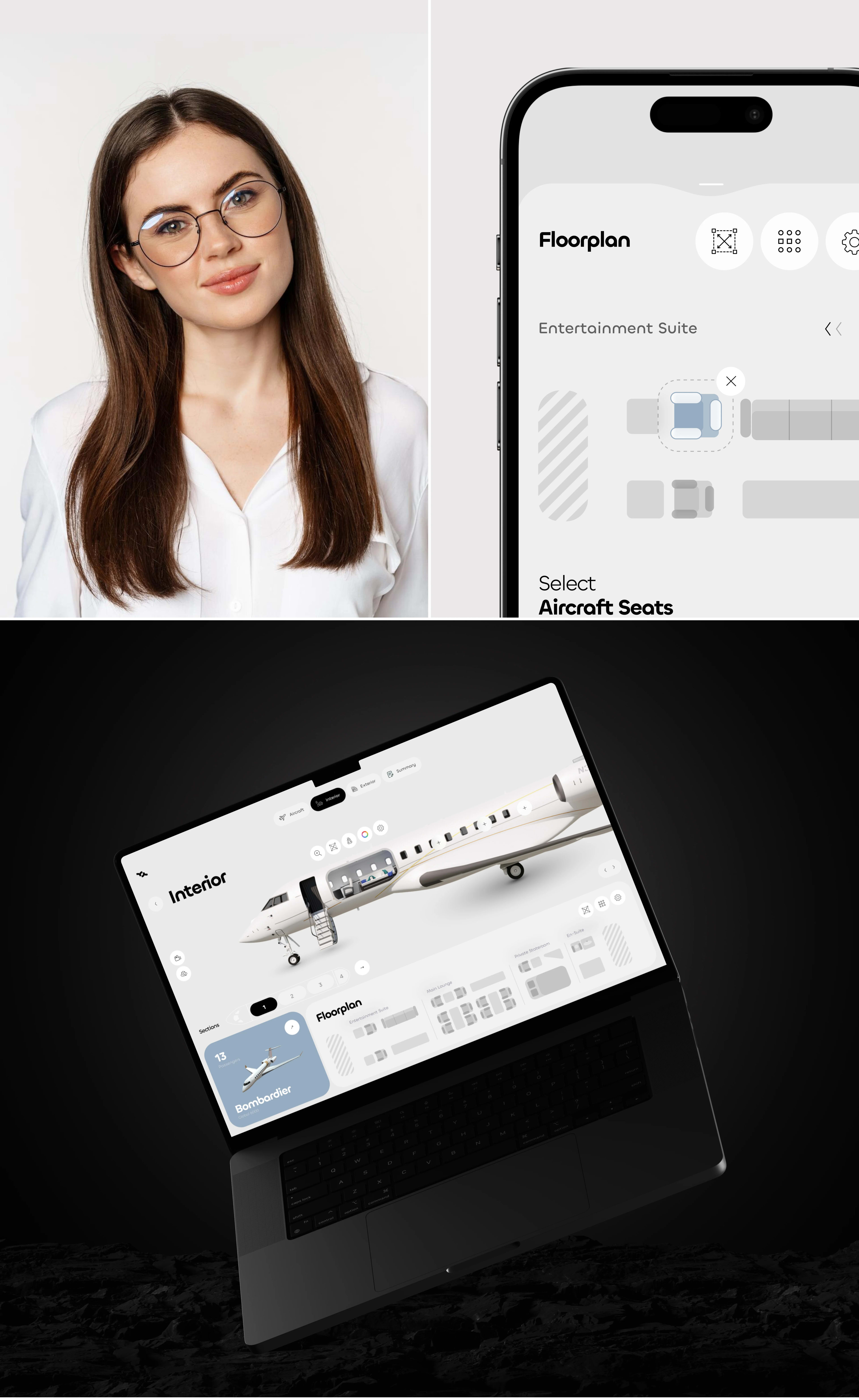 Person using devices showing design or website for Bombardier aircraft.