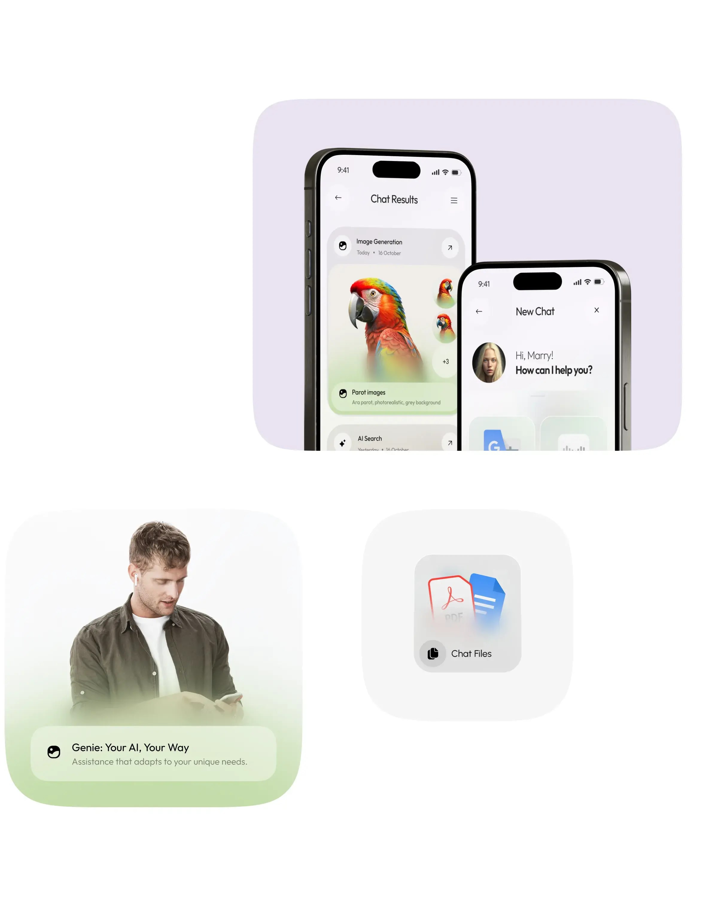 Person using a mobile phone displaying the Genie AI assistant chatbot interface.
