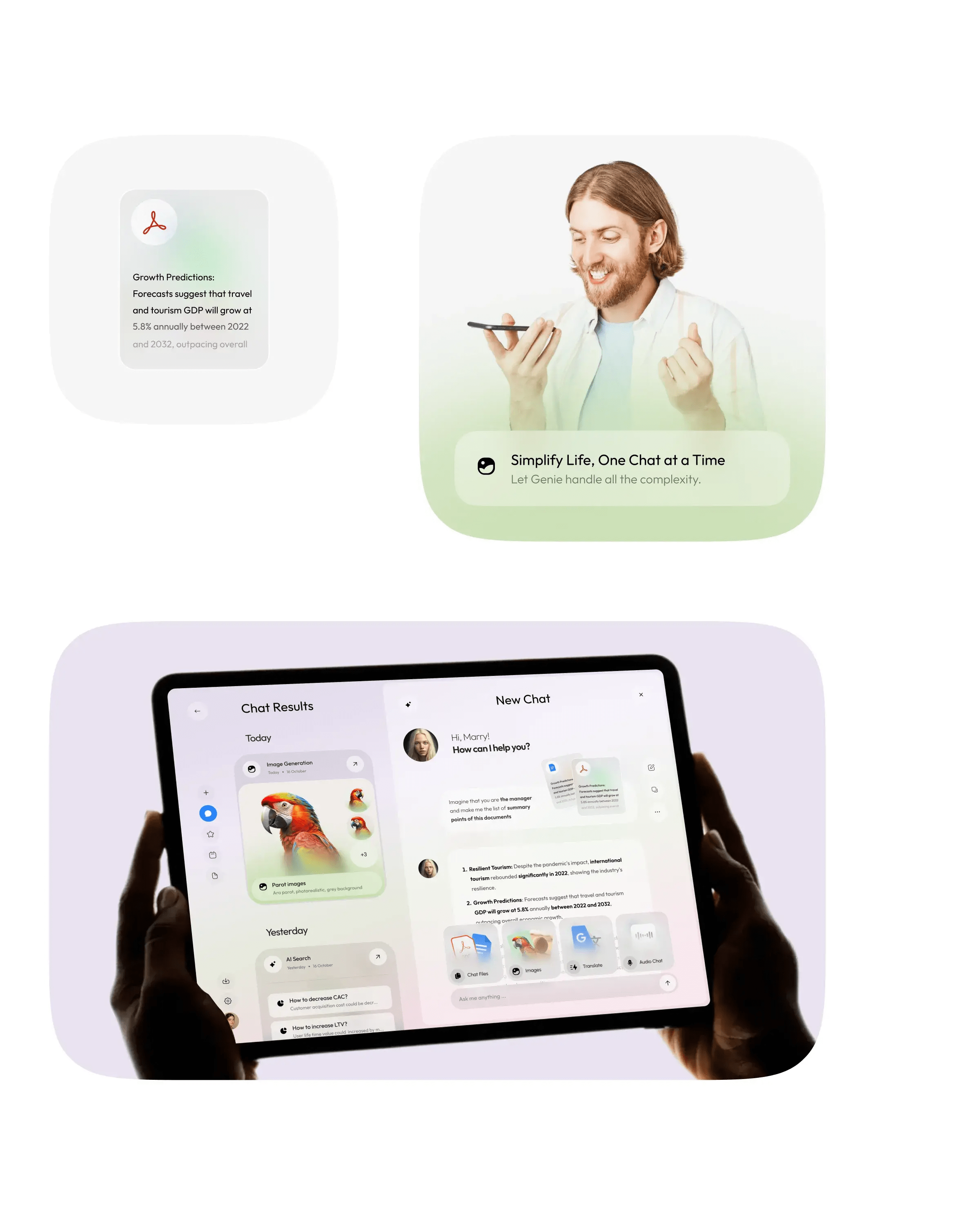 Person interacting with a tablet showing an AI chatbot UX/UI design.