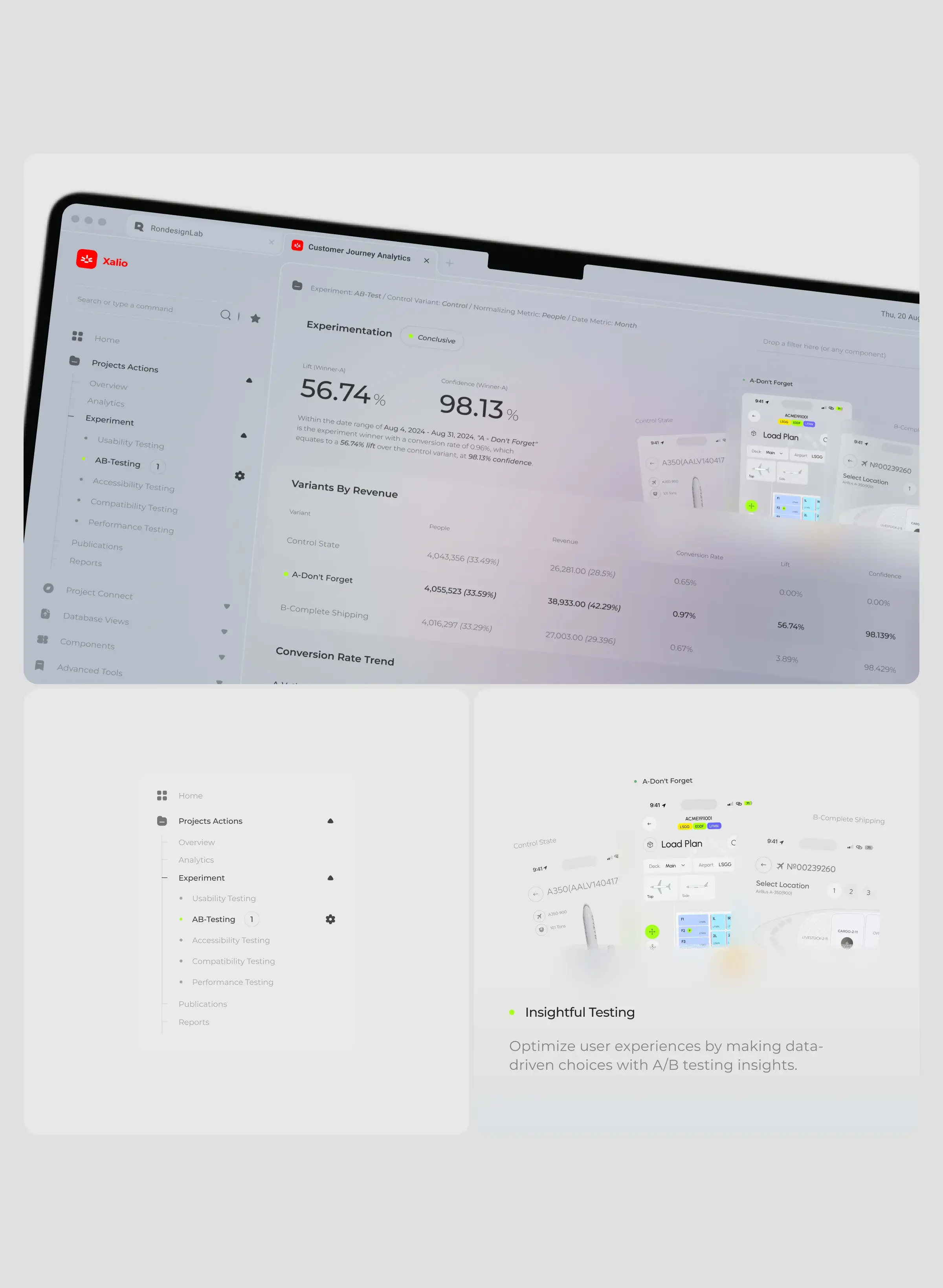 Screenshot displaying the UX/UI design of the Xalio SaaS A/B testing platform.