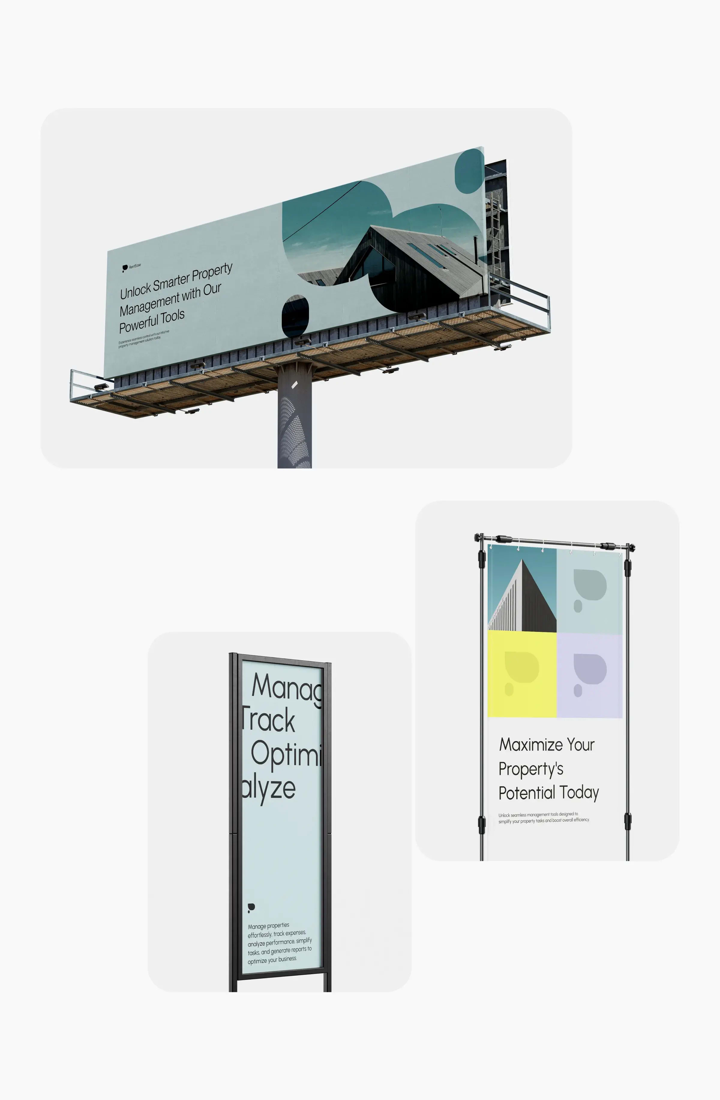 Advertising graphic for RentEase property app UI, featuring a data meter.