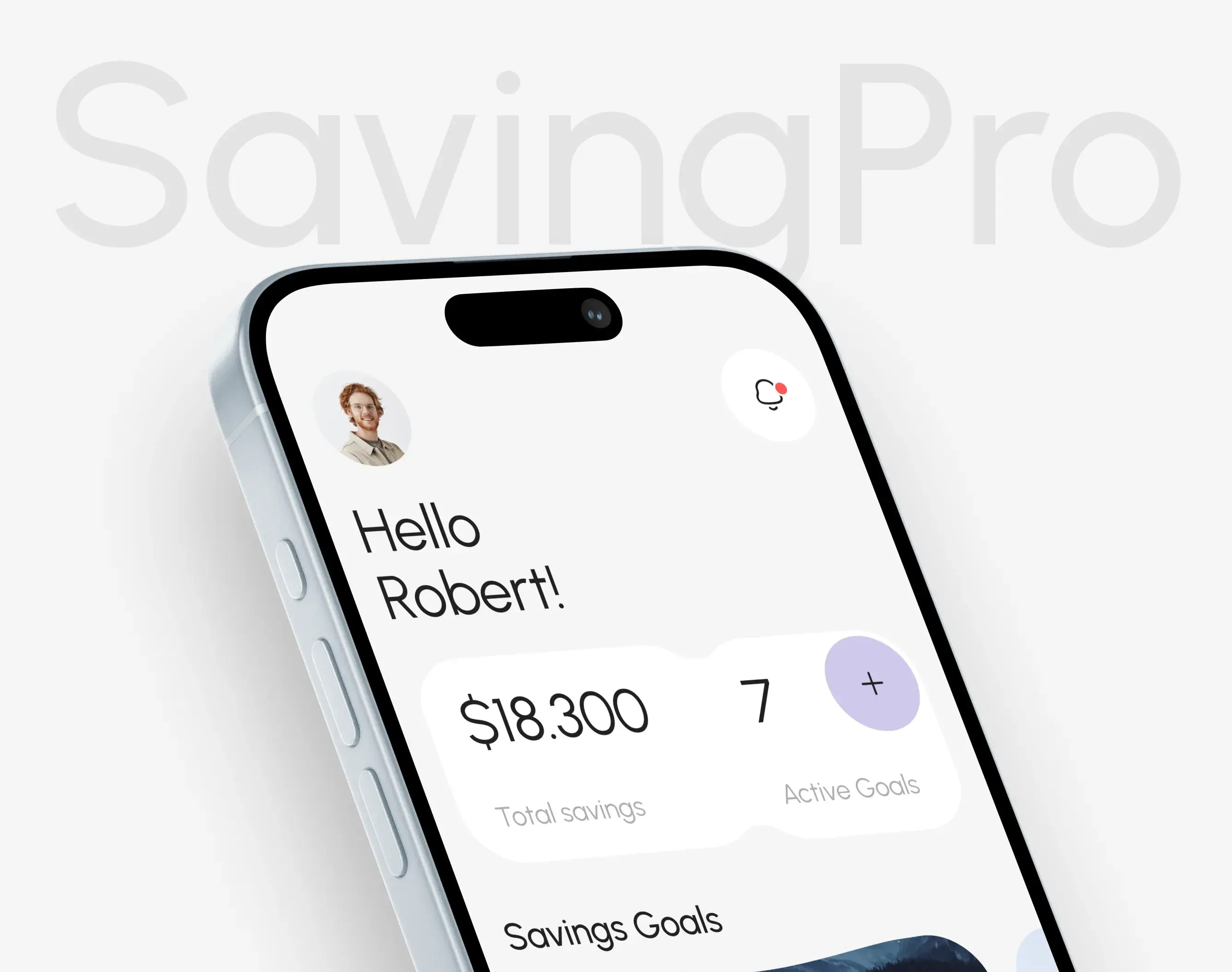 Screenshot of the Saving Pro finance app UI on a mobile phone showing total savings.