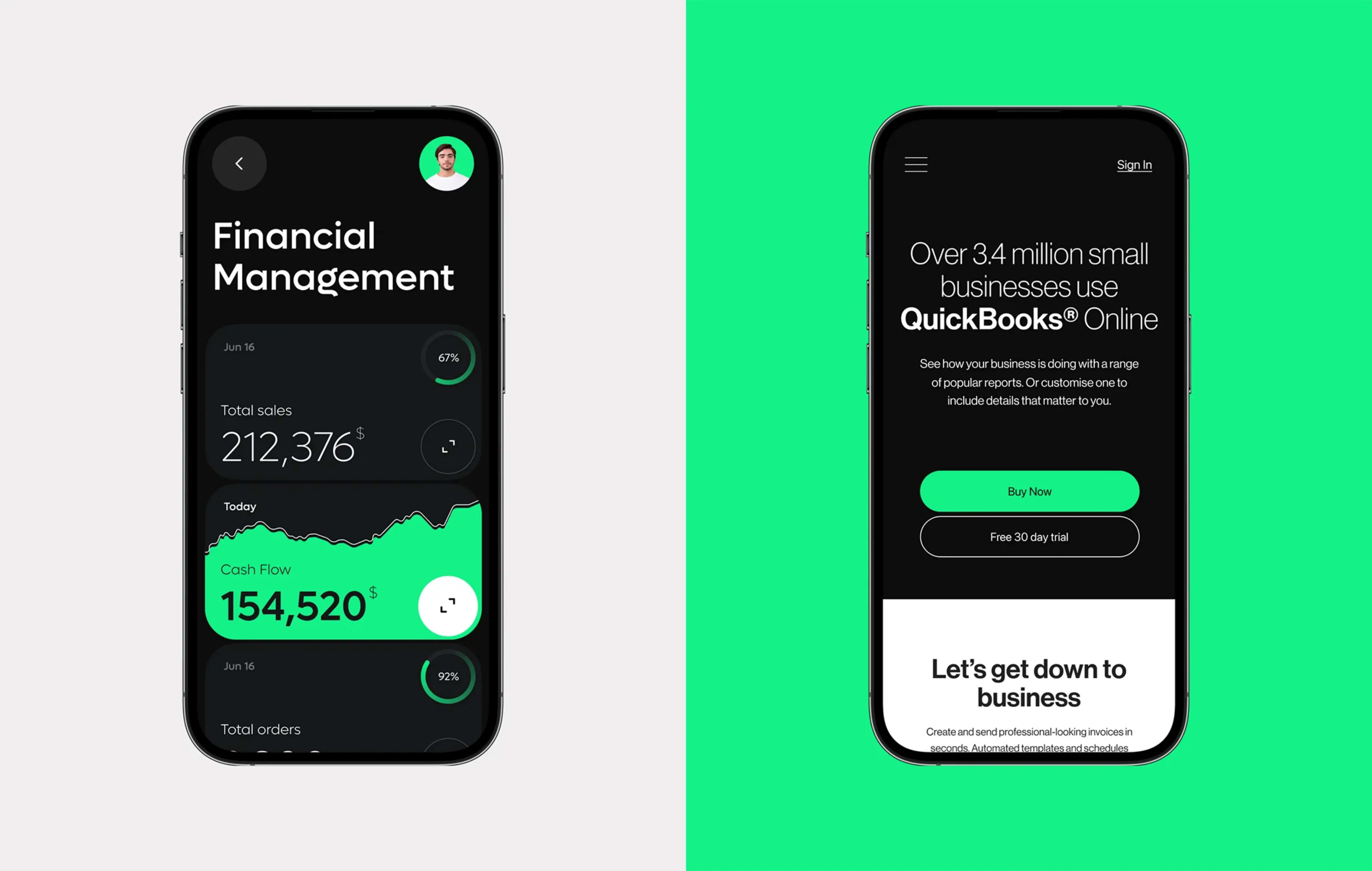 Screenshot of a mobile finance dashboard, relevant to QuickBooks or ERP services.